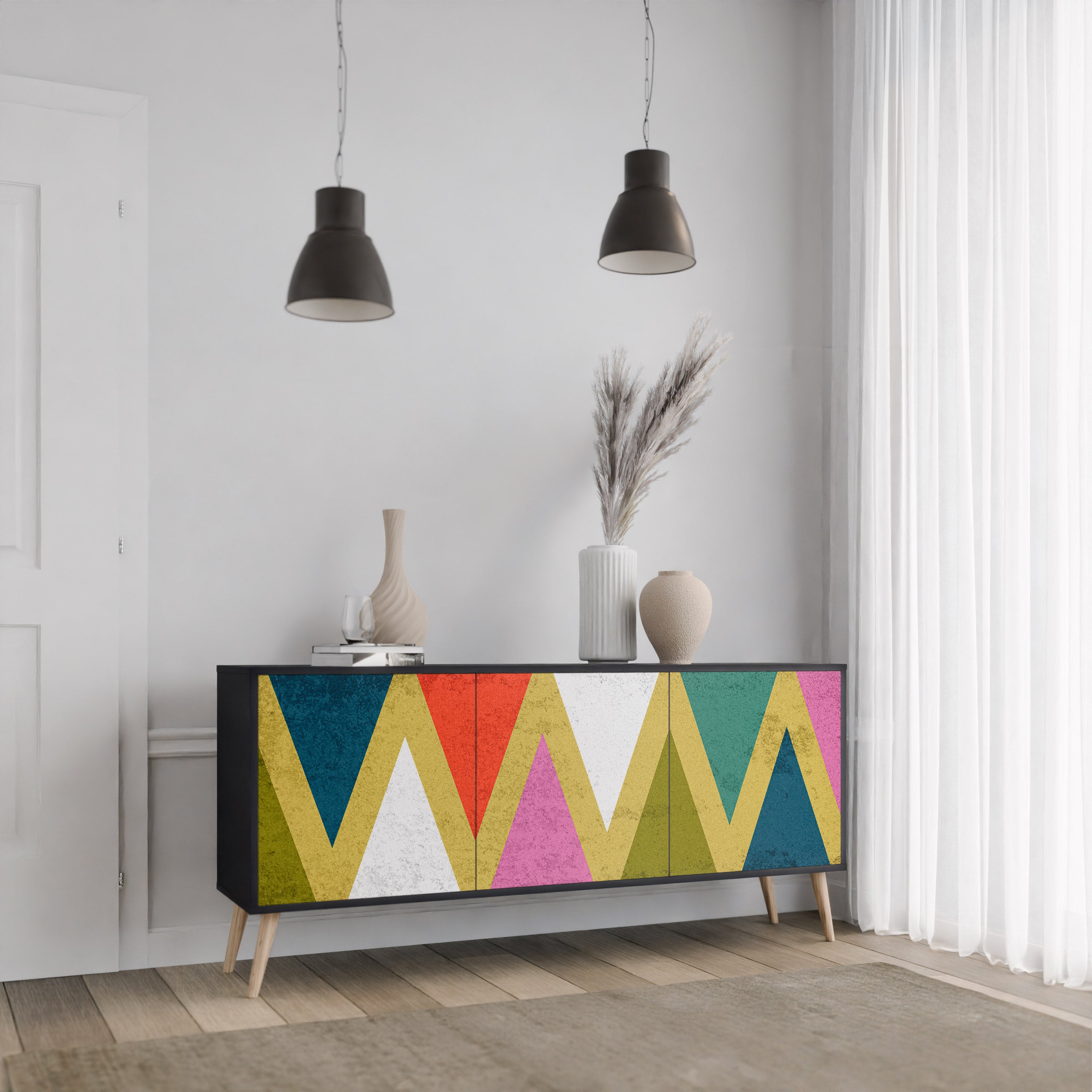 COLORFUL TRIANGLES 3-Door Sideboard in Black Finish