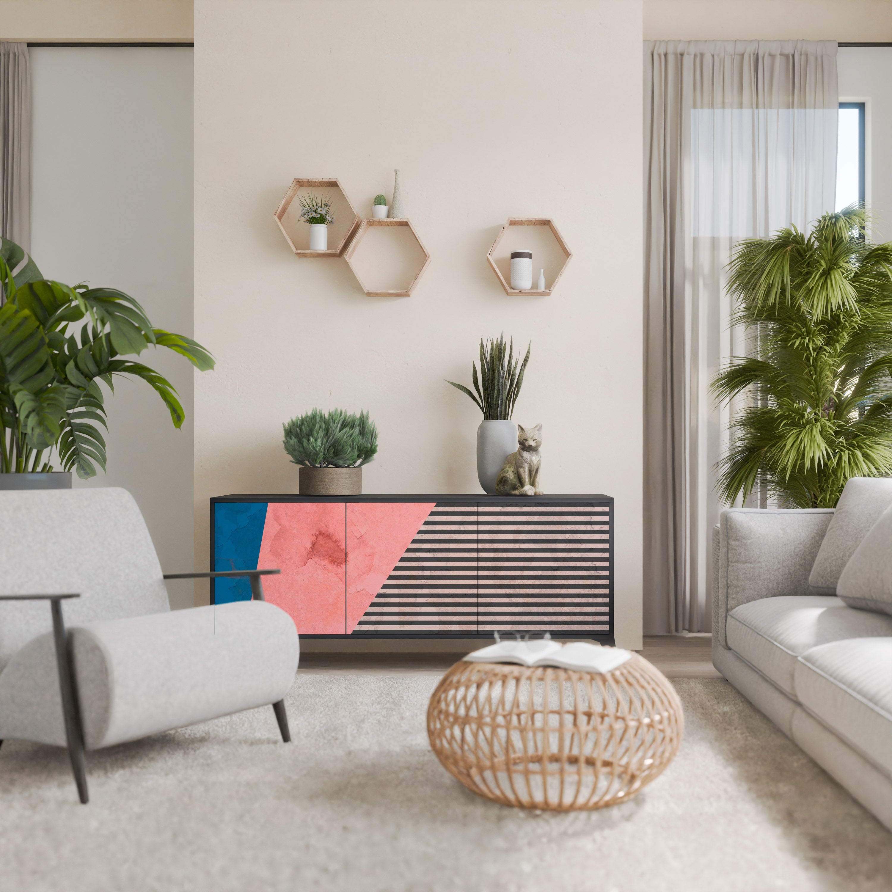 GLAMOROUS STRIPE 3-Door Sideboard in Black Finish