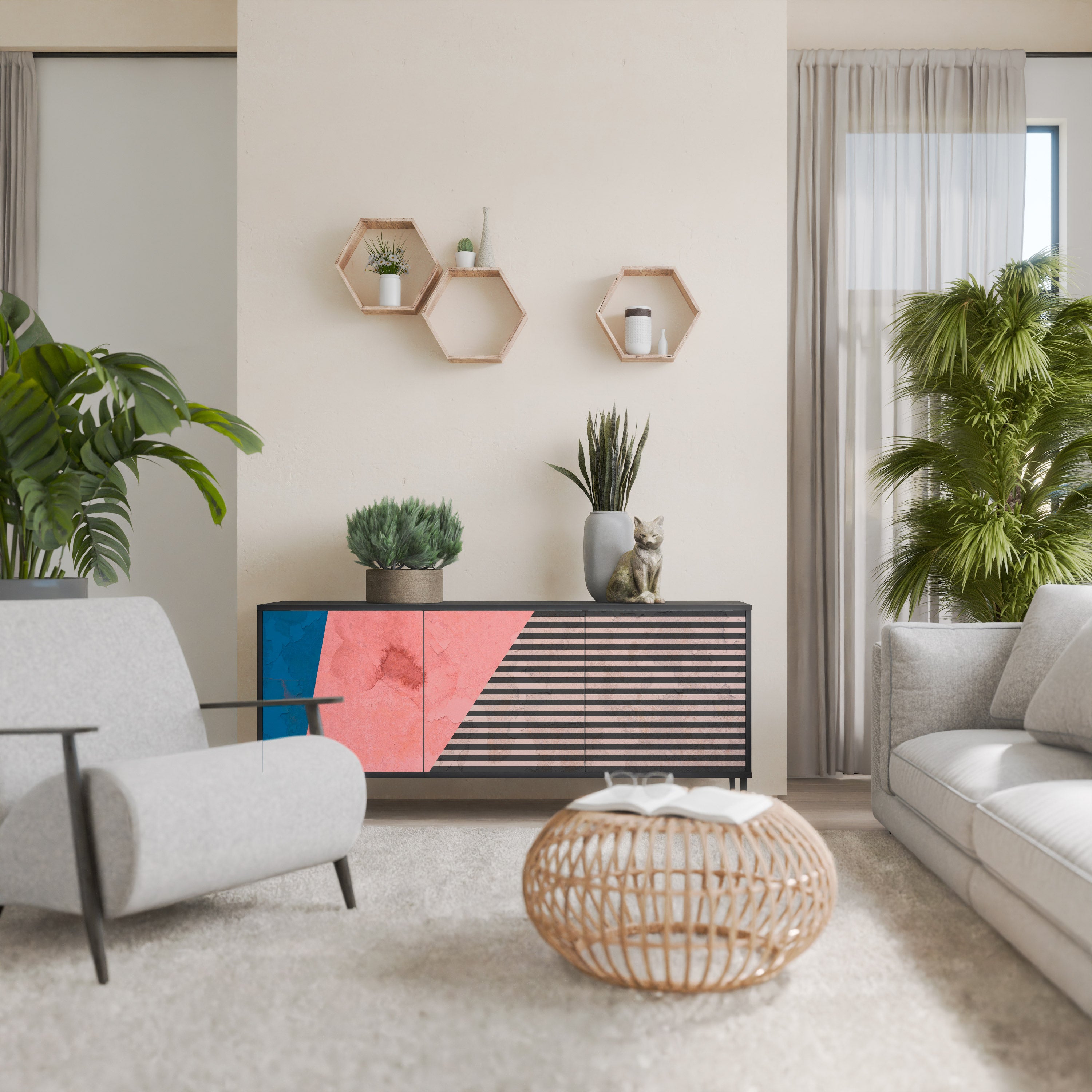 GLAMOROUS STRIPE 3-Door Sideboard in Black Finish