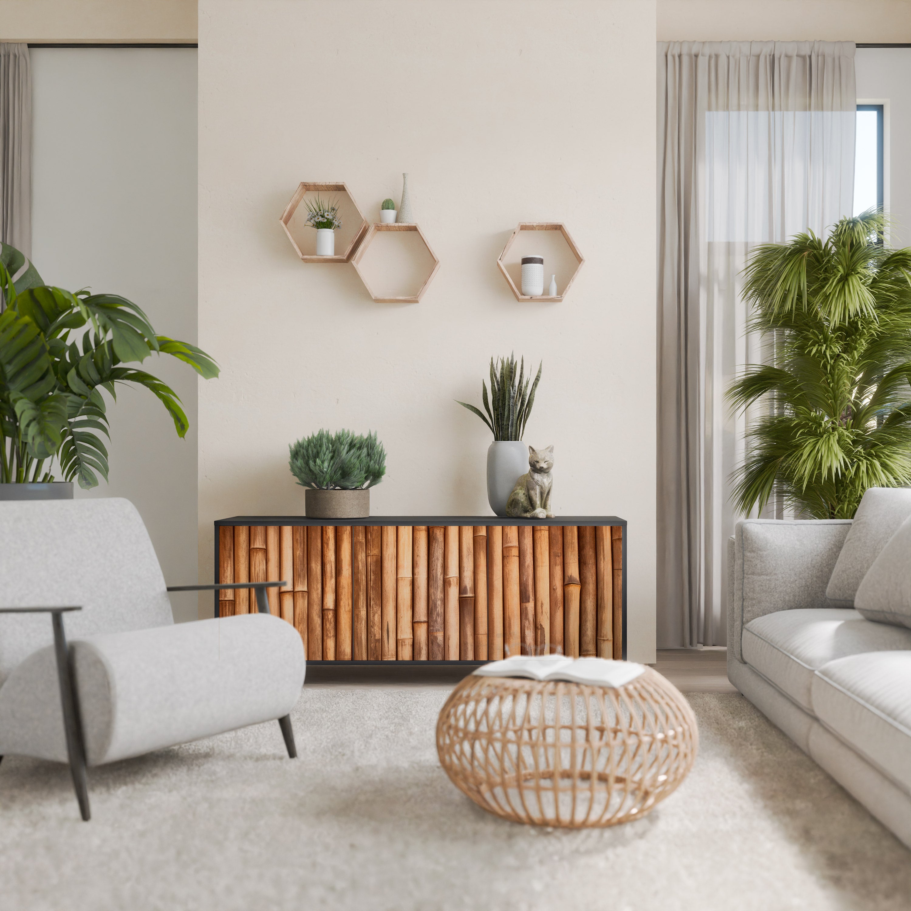 Aparador de 3 puertas de madera natural con acabado negro