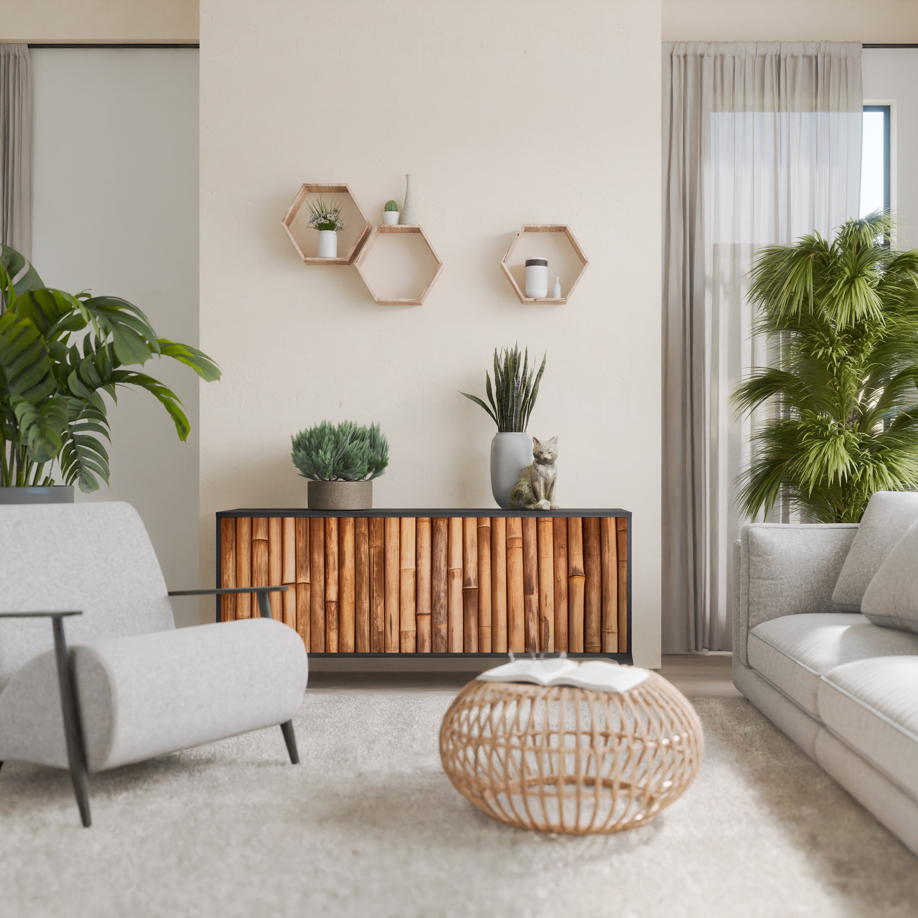 Aparador de 3 puertas de madera natural con acabado negro
