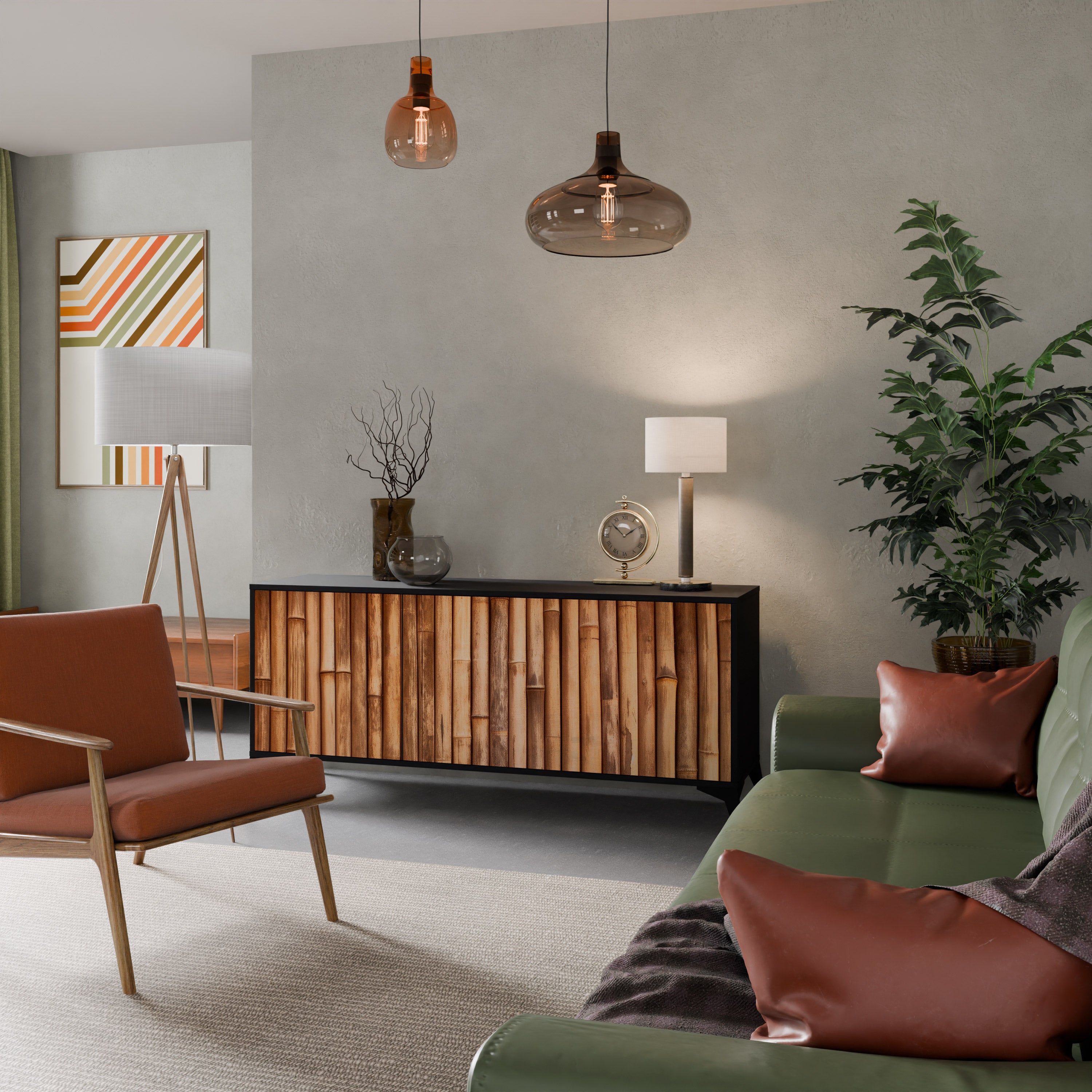 Aparador de 3 puertas de madera natural con acabado negro