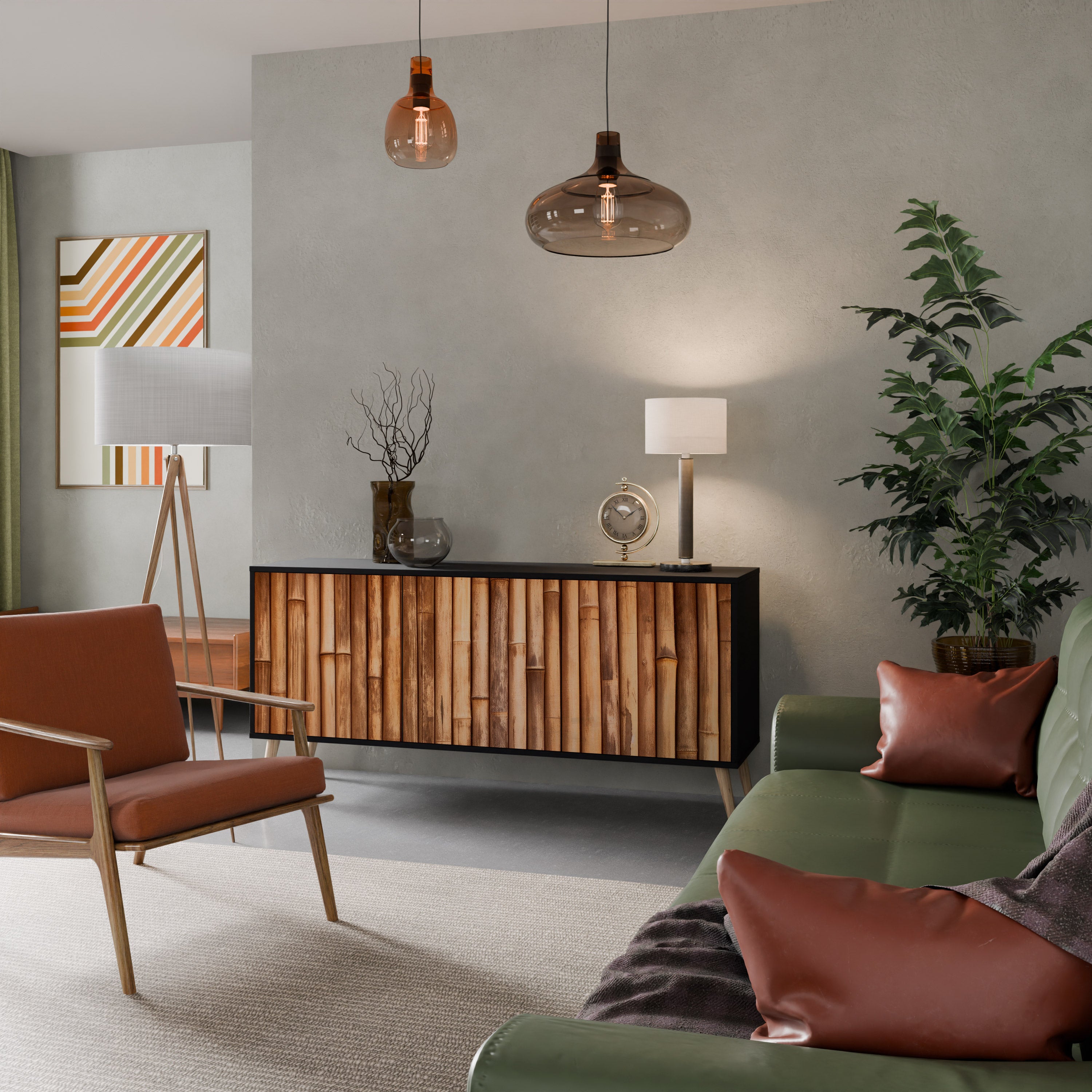 Aparador de 3 puertas de madera natural con acabado negro