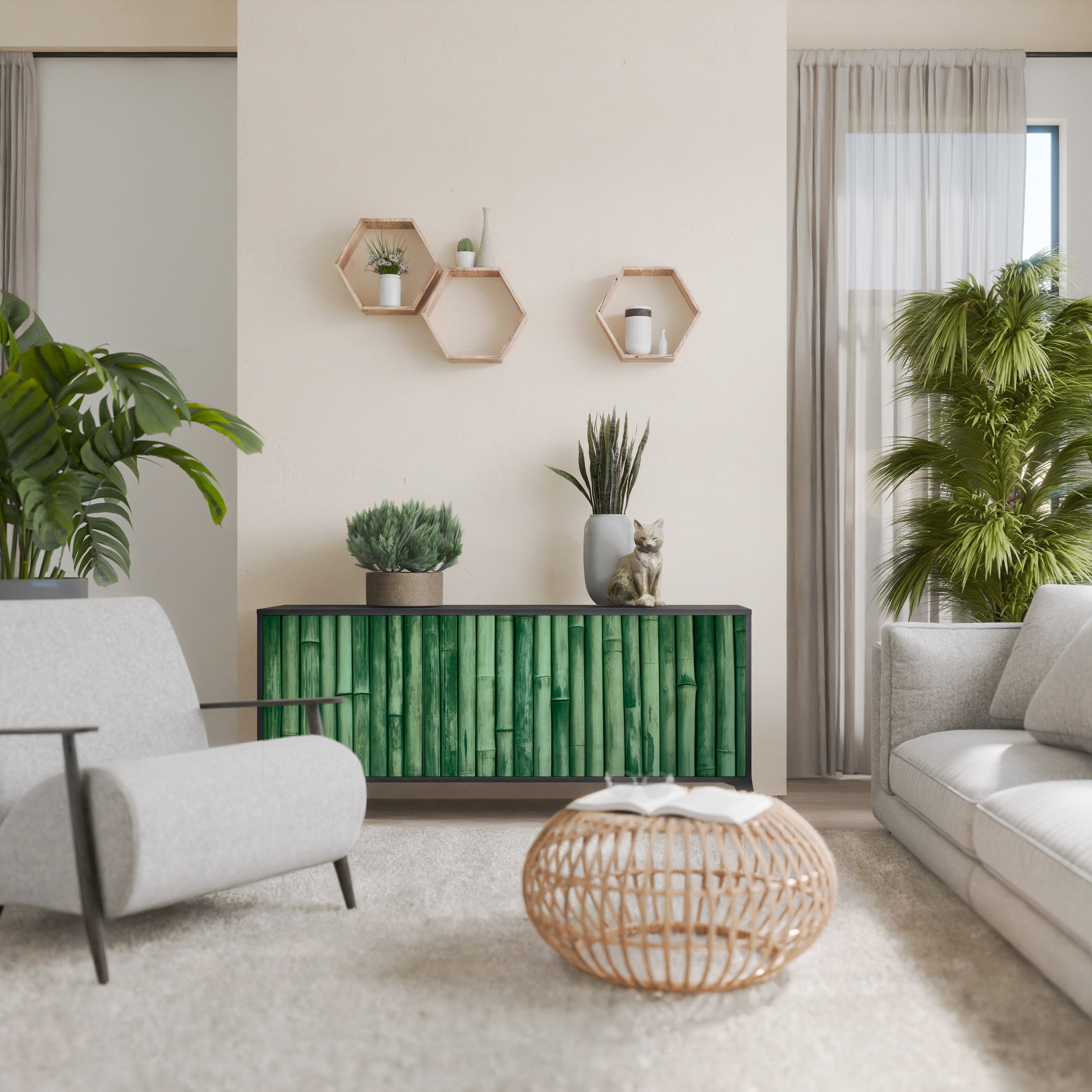 Aparador de 3 puertas NATURAL GREEN con acabado negro