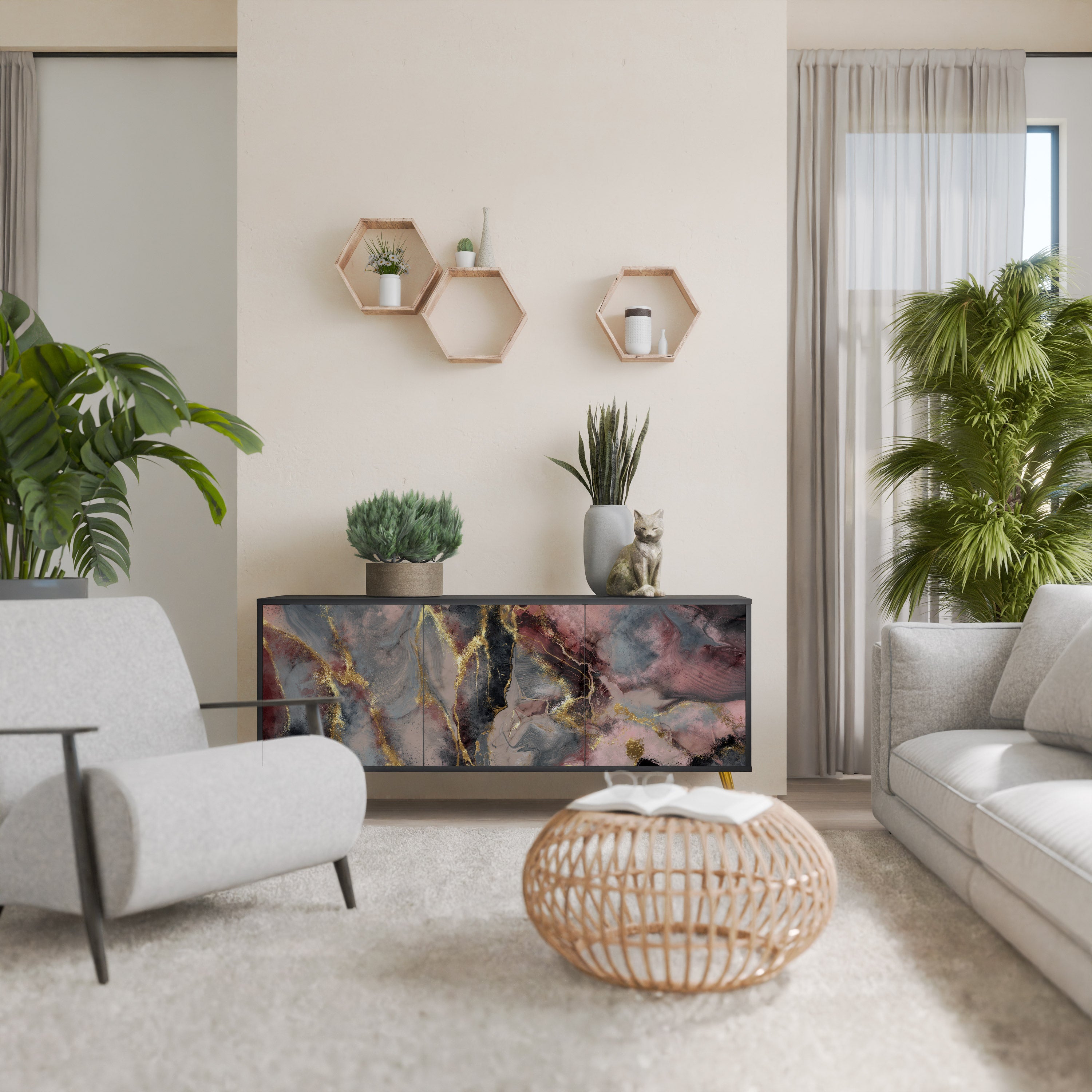Aparador GOLDEN TIDES de 3 puertas con acabado negro