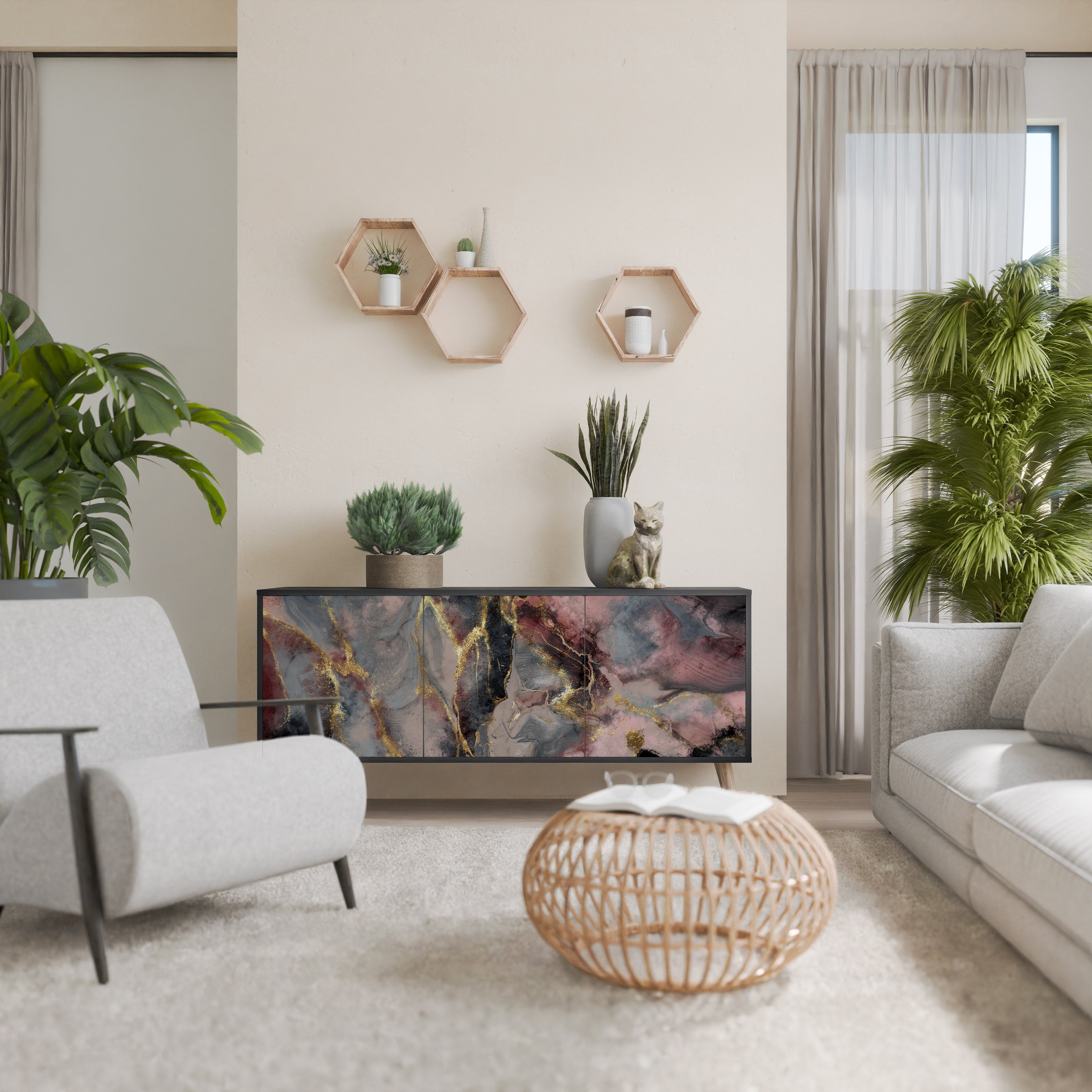 Aparador GOLDEN TIDES de 3 puertas con acabado negro