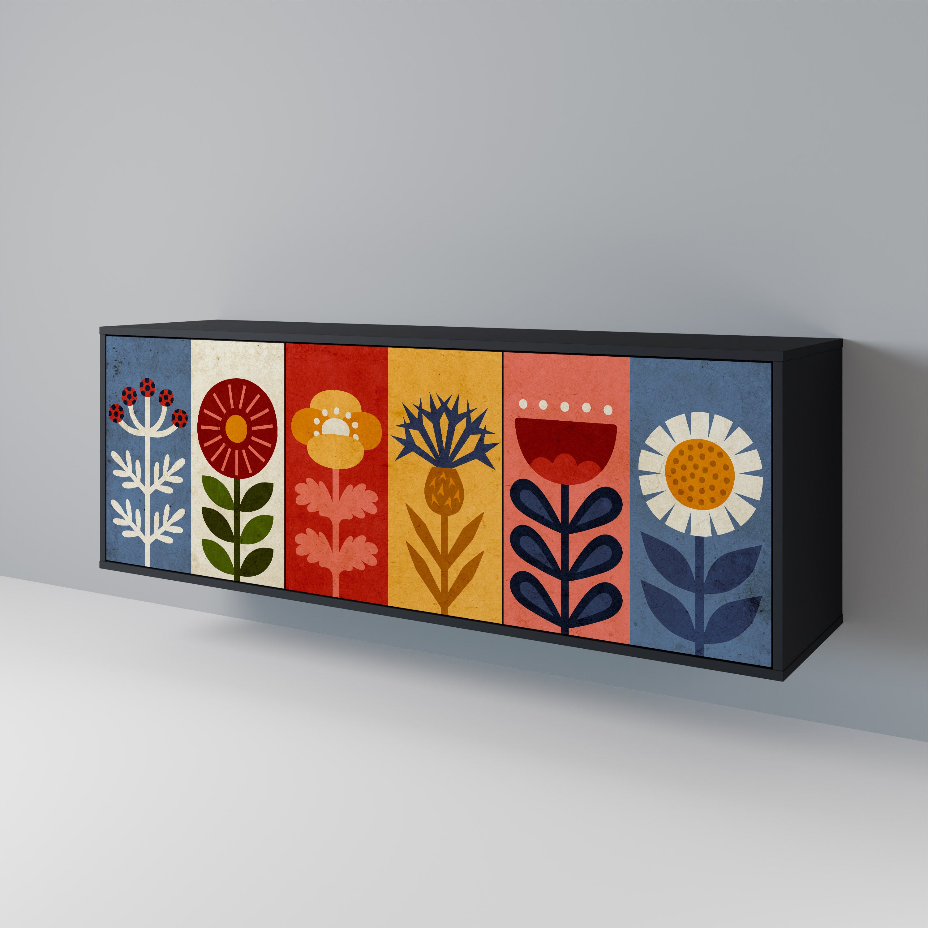 Aparador SCANDIC FLOWERET de 3 puertas con acabado negro