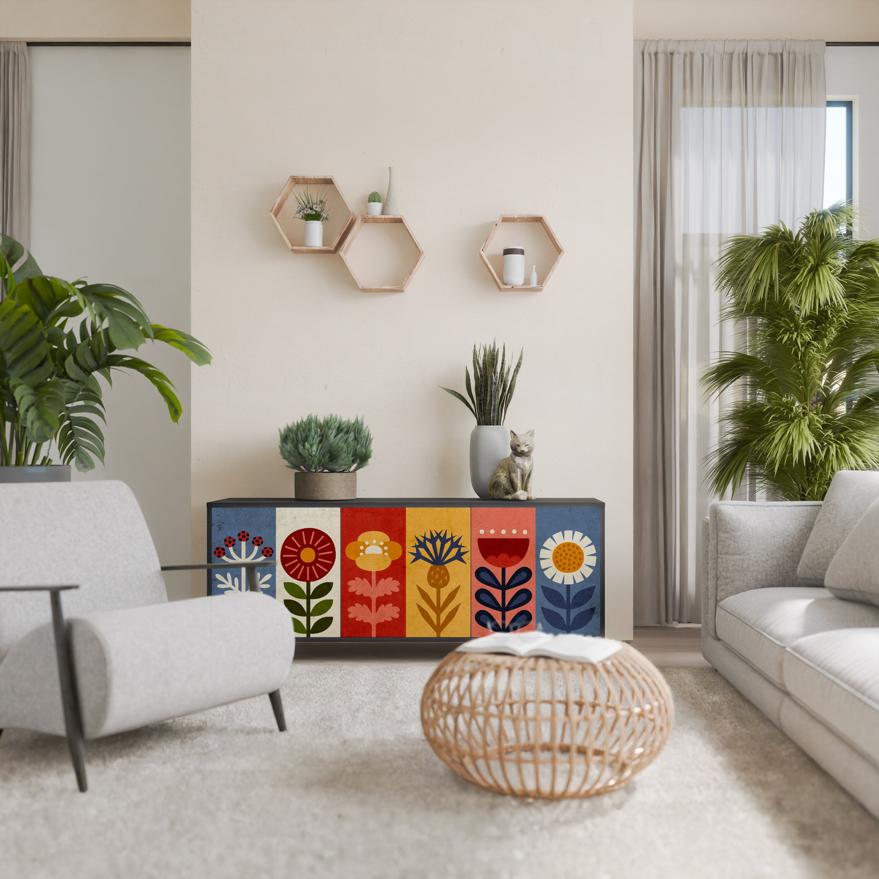 Aparador SCANDIC FLOWERET de 3 puertas con acabado negro