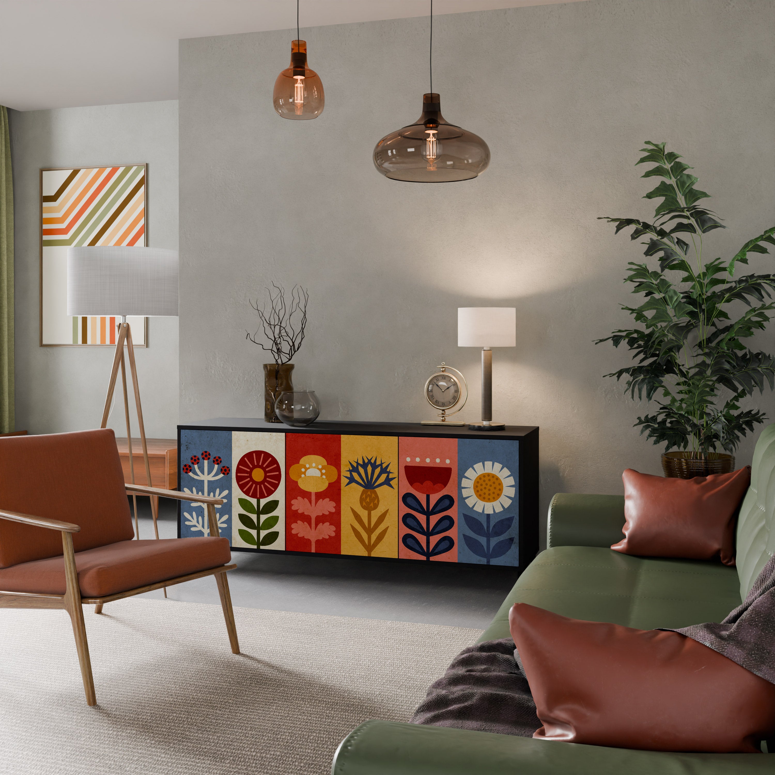 Aparador SCANDIC FLOWERET de 3 puertas con acabado negro