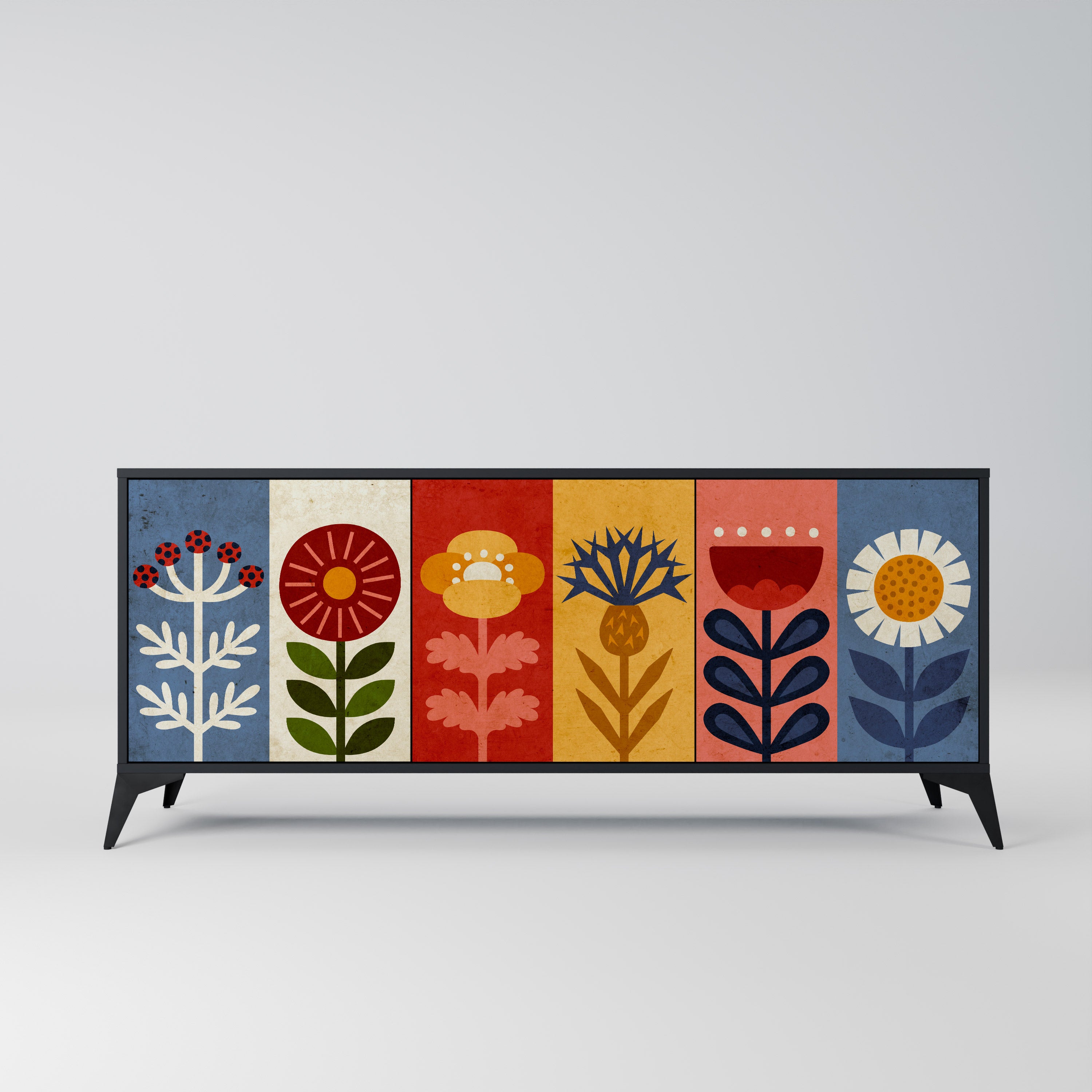 Aparador SCANDIC FLOWERET de 3 puertas con acabado negro