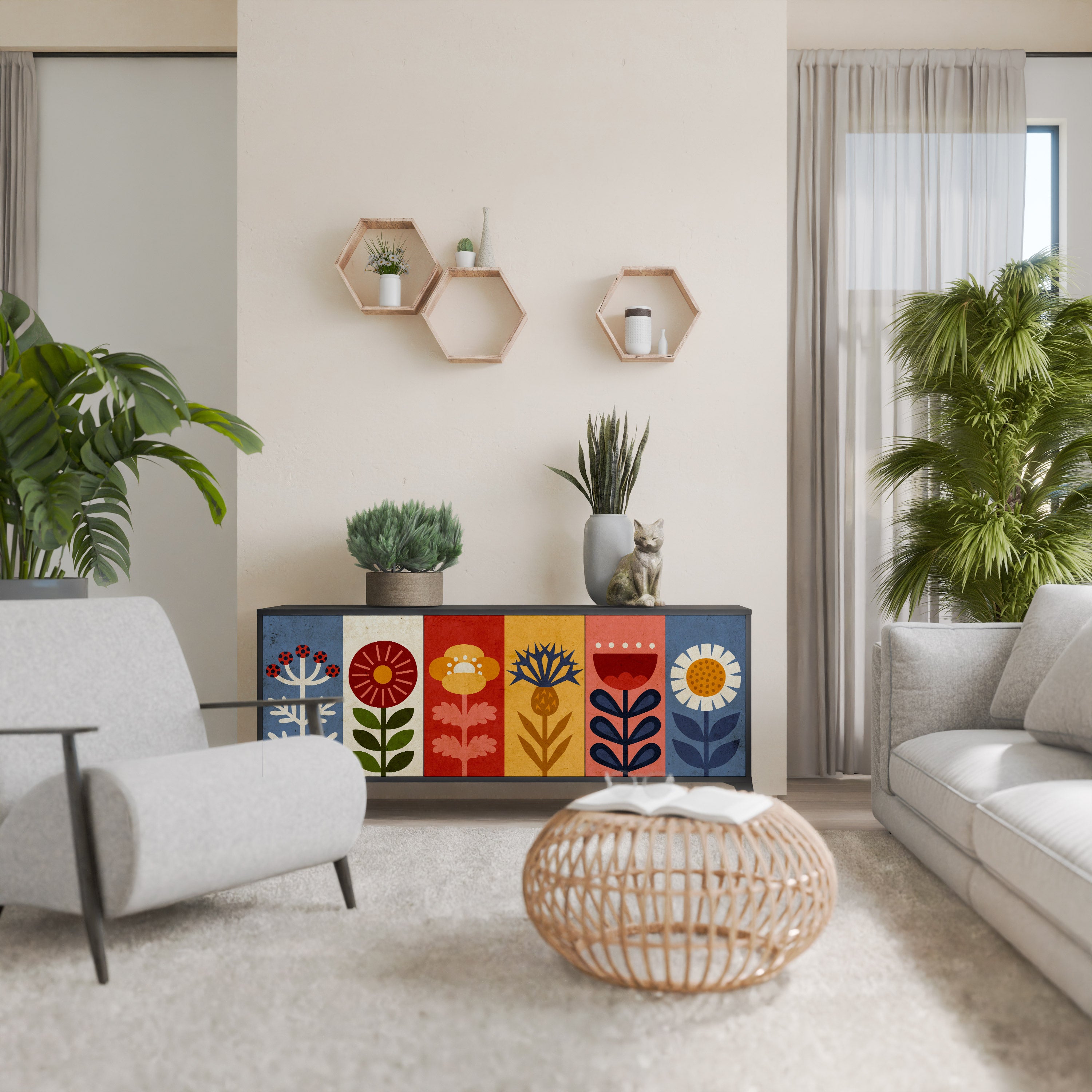 Aparador SCANDIC FLOWERET de 3 puertas con acabado negro