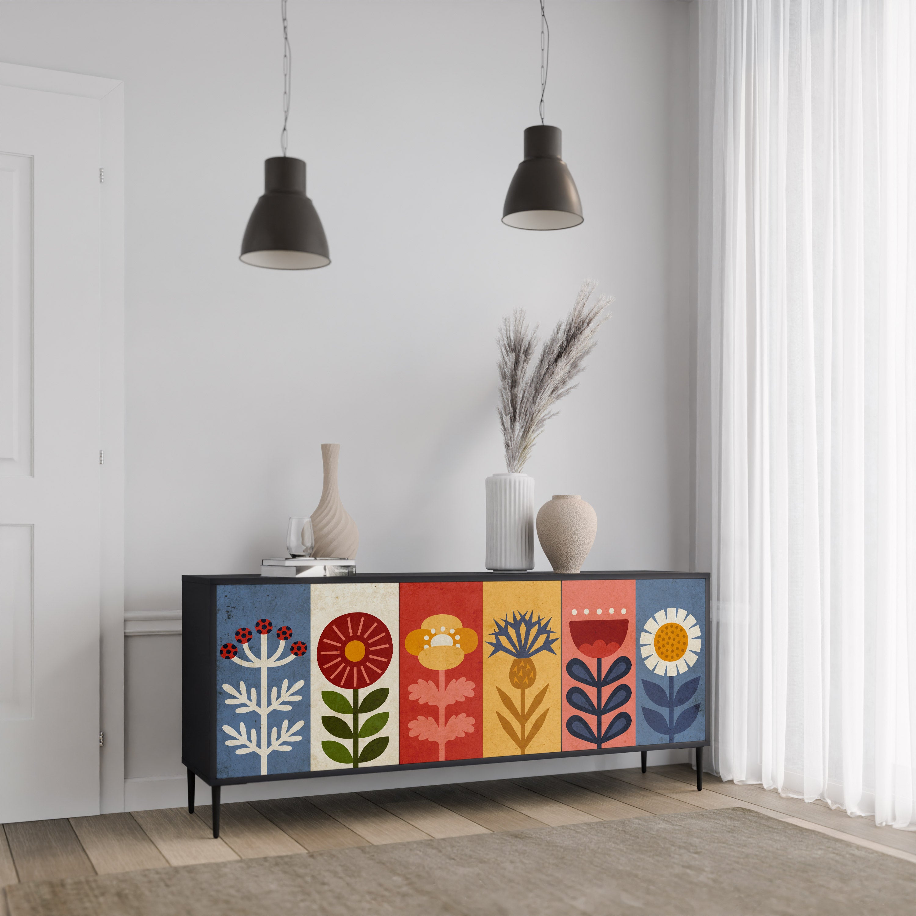 Aparador SCANDIC FLOWERET de 3 puertas con acabado negro