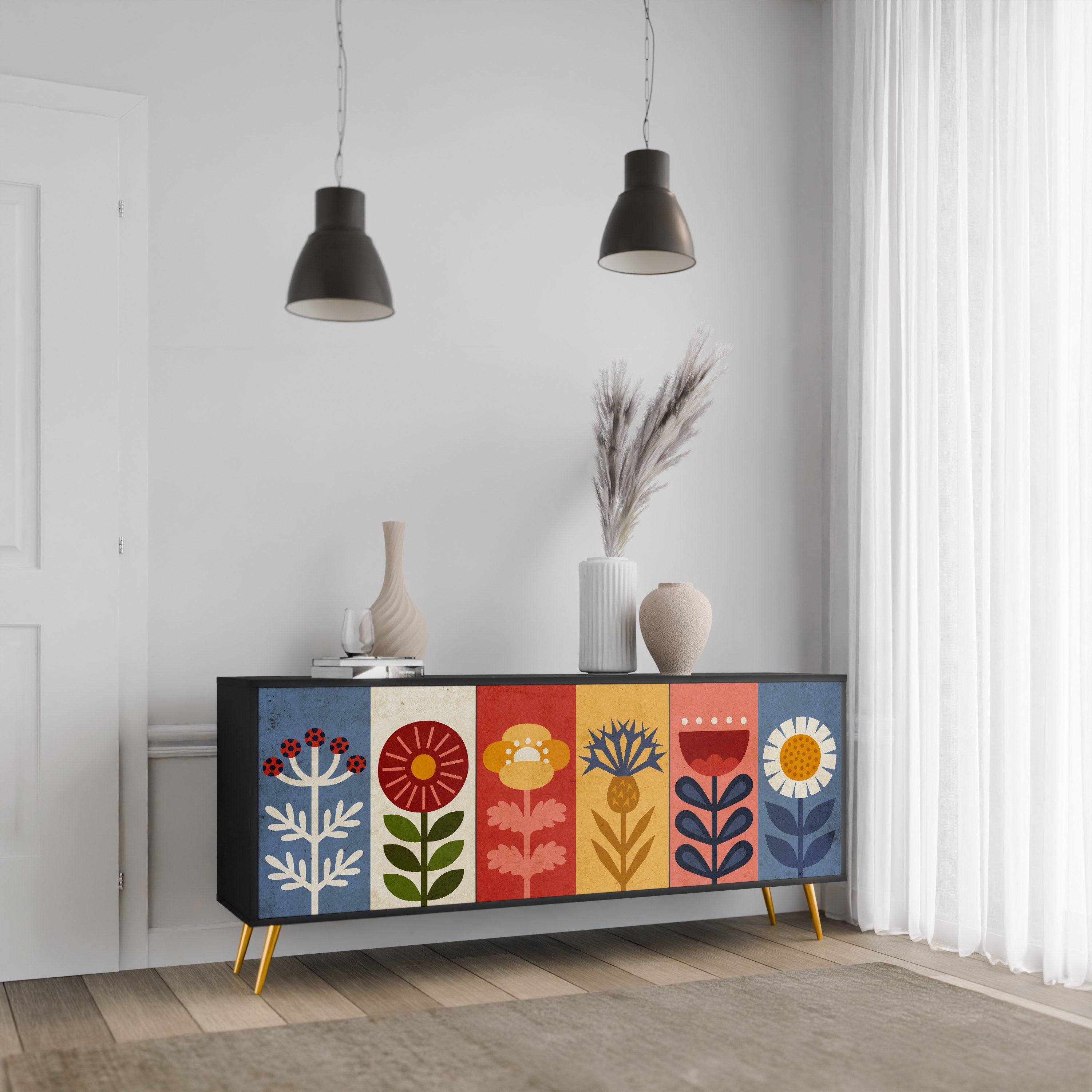 Aparador SCANDIC FLOWERET de 3 puertas con acabado negro