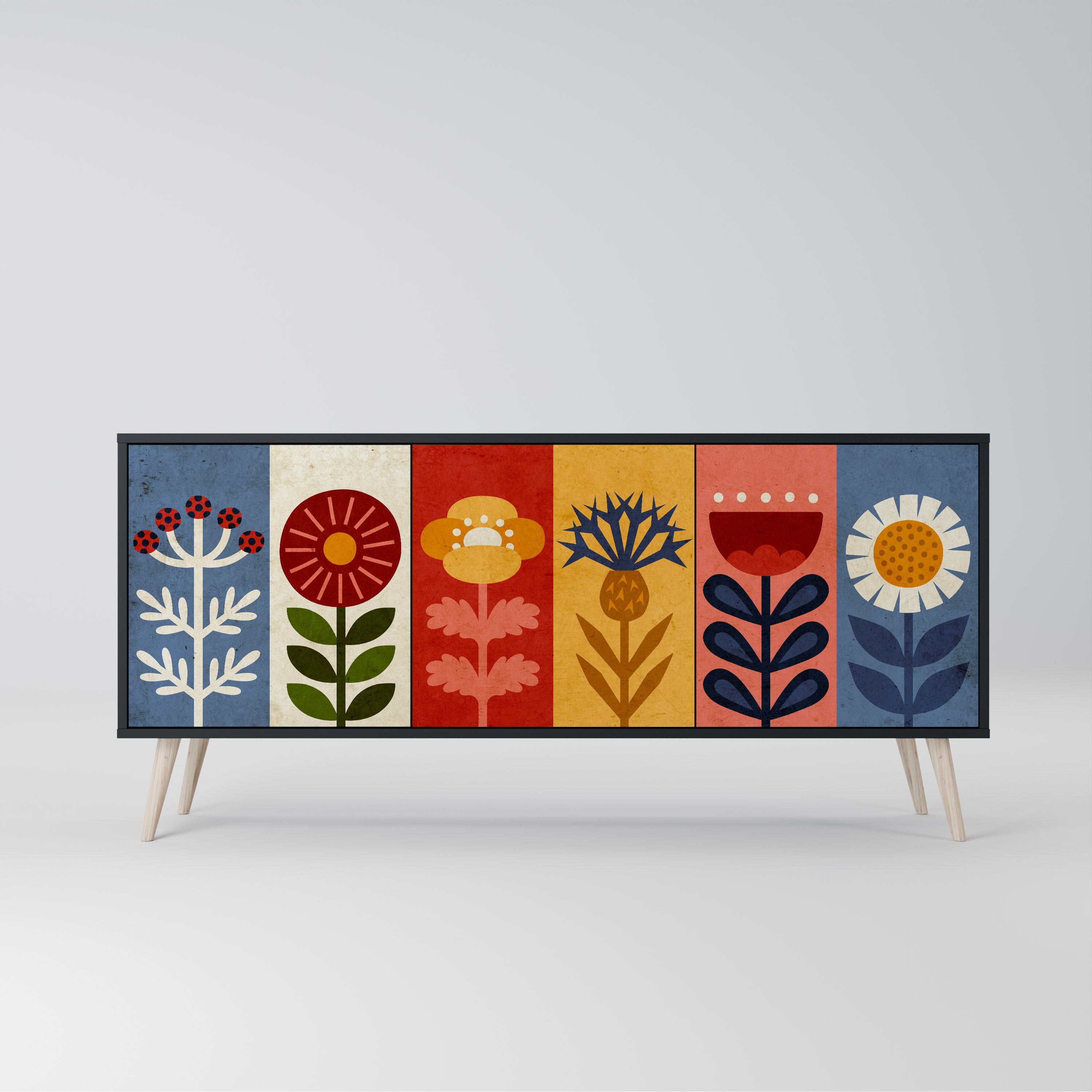 Aparador SCANDIC FLOWERET de 3 puertas con acabado negro