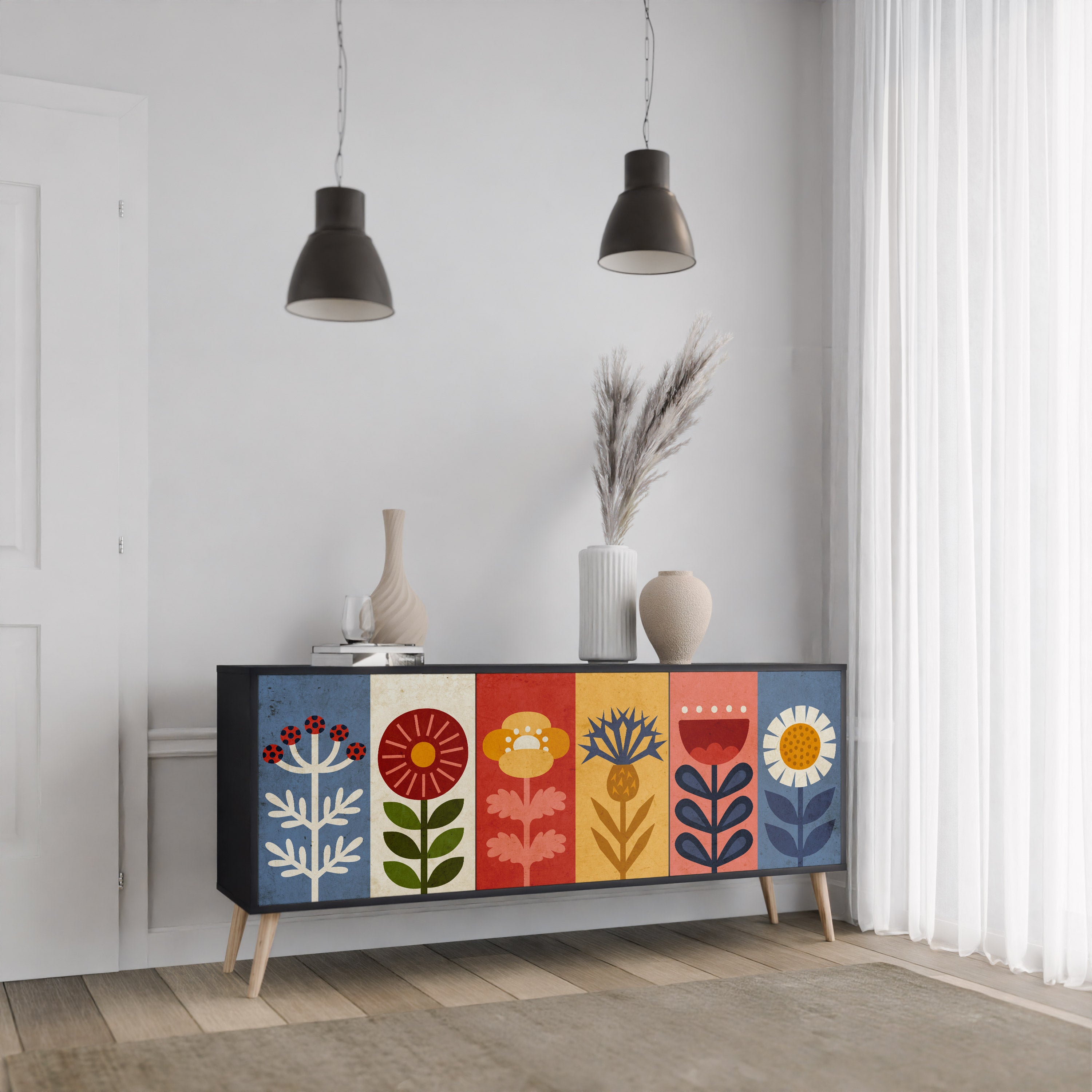 Aparador SCANDIC FLOWERET de 3 puertas con acabado negro