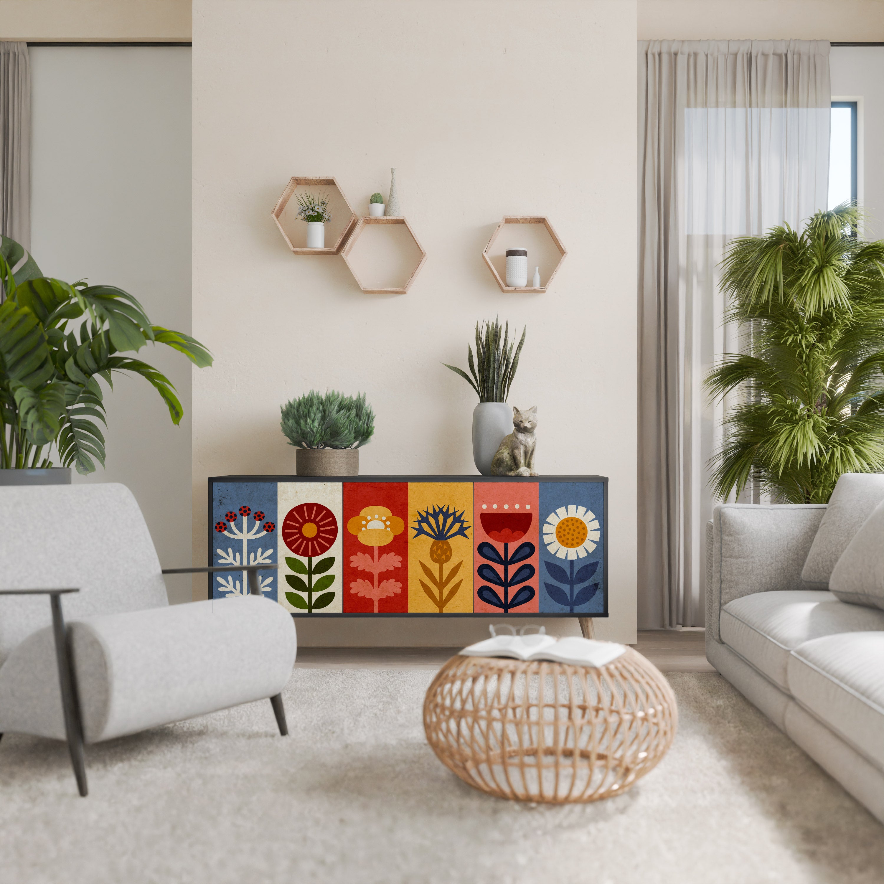 Aparador SCANDIC FLOWERET de 3 puertas con acabado negro