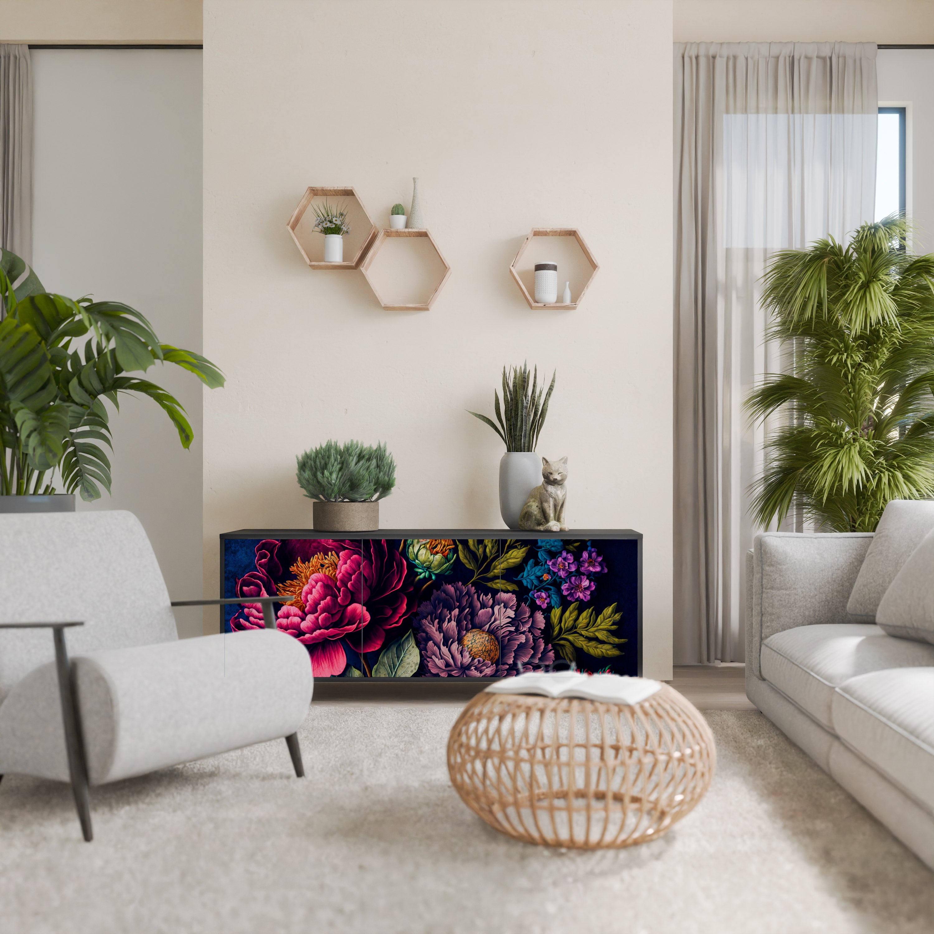 Aparador de 3 puertas BLOOMING ELEGANCE en acabado negro