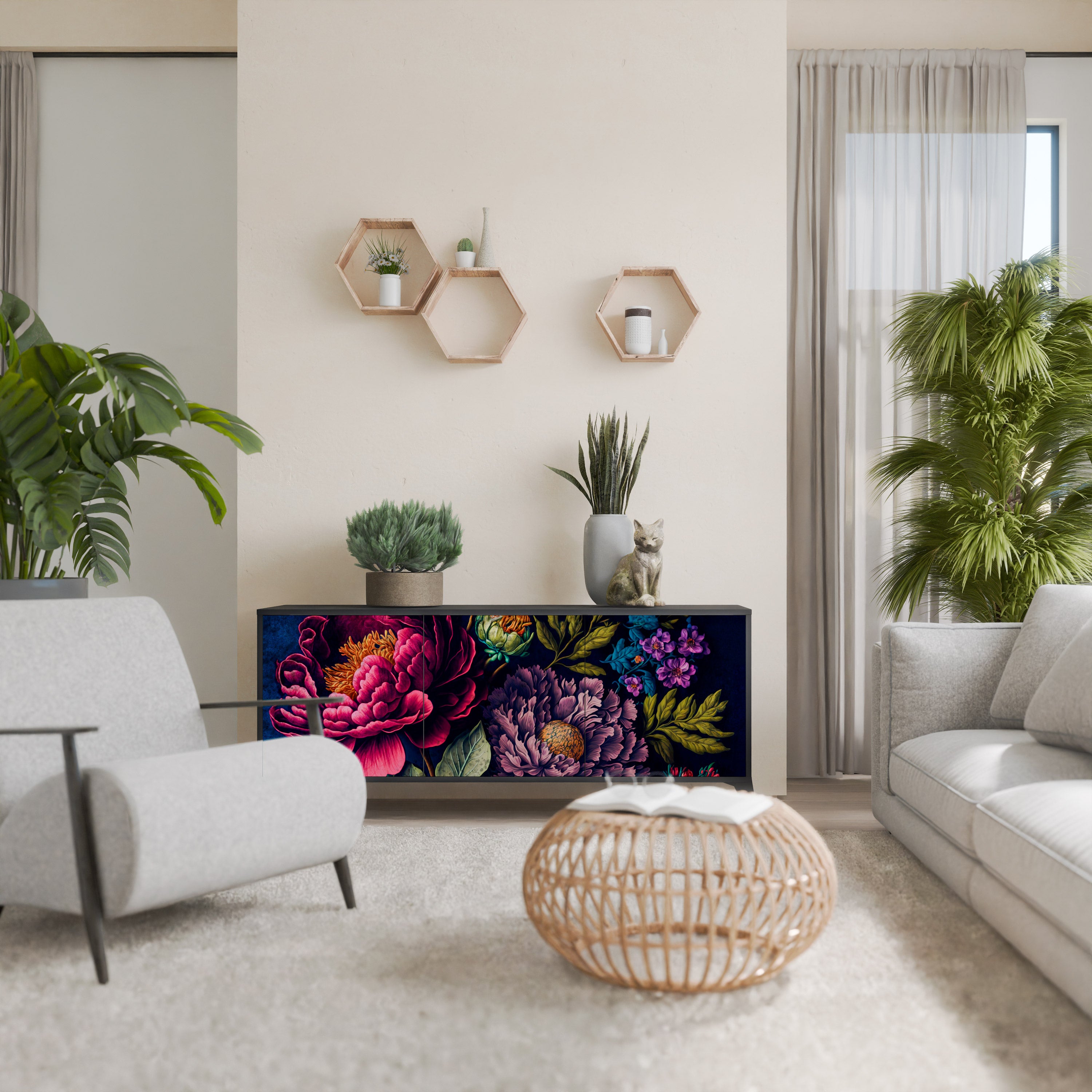 Aparador de 3 puertas BLOOMING ELEGANCE en acabado negro