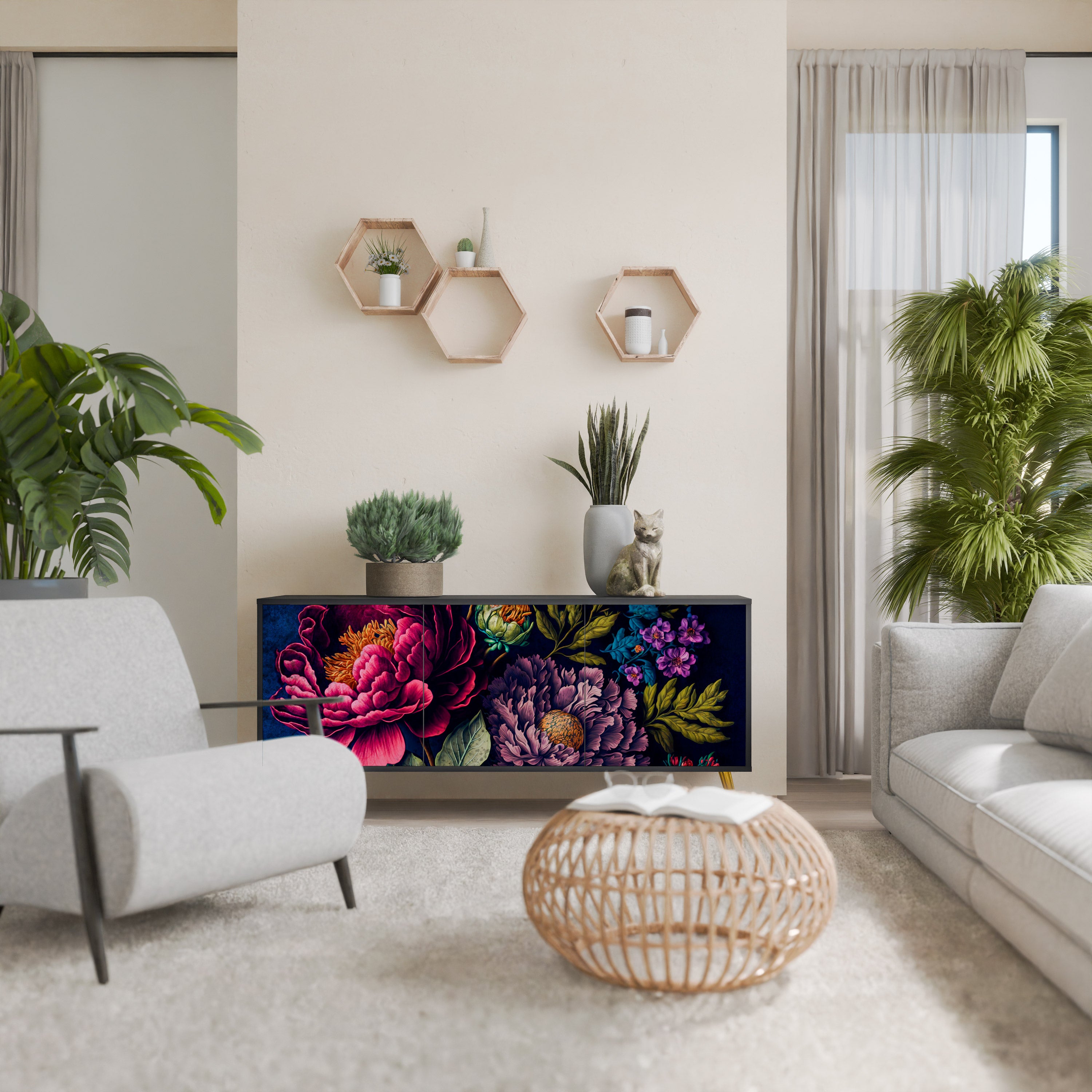 Aparador de 3 puertas BLOOMING ELEGANCE en acabado negro