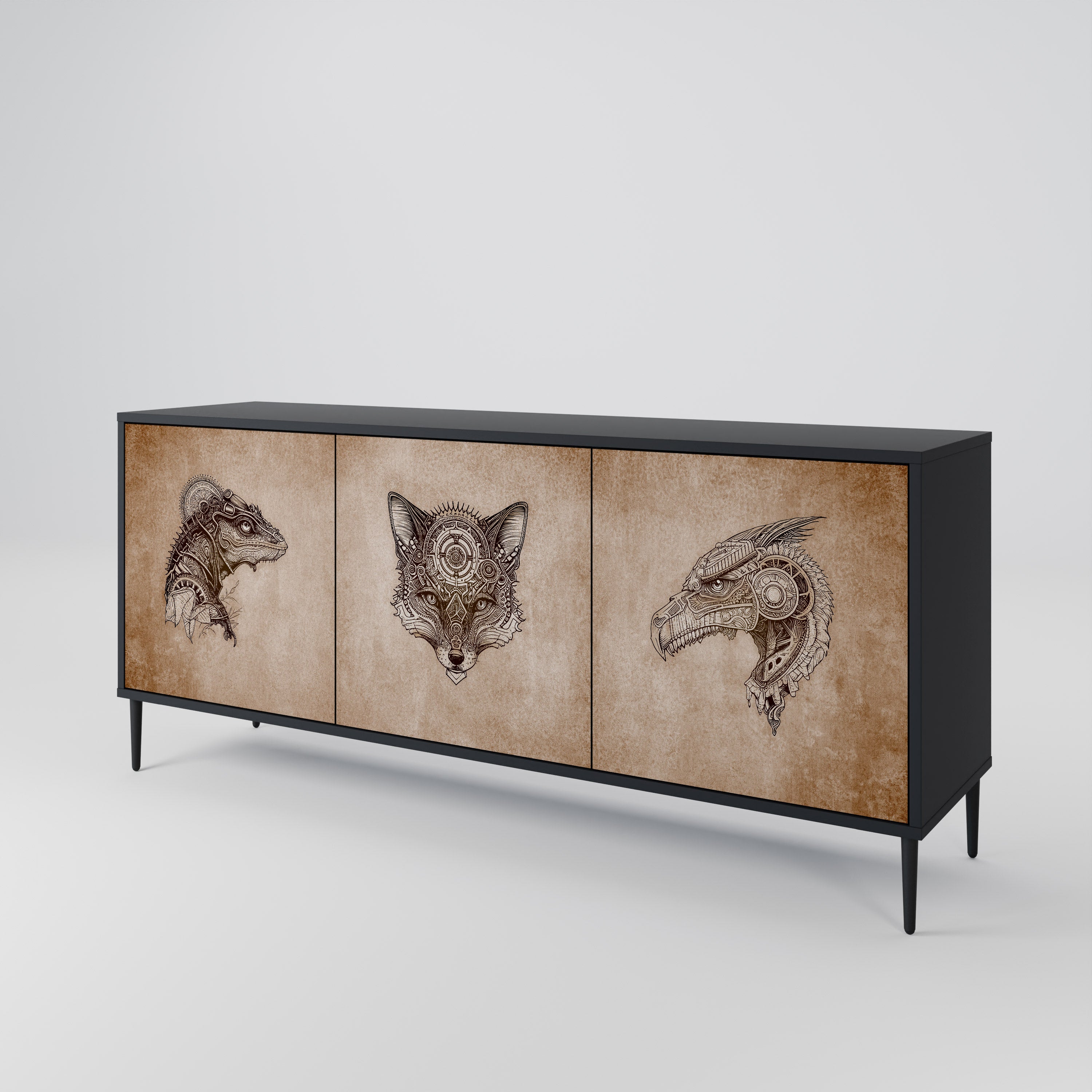 Aparador STEAMPUNK CLAN de 3 puertas con acabado negro