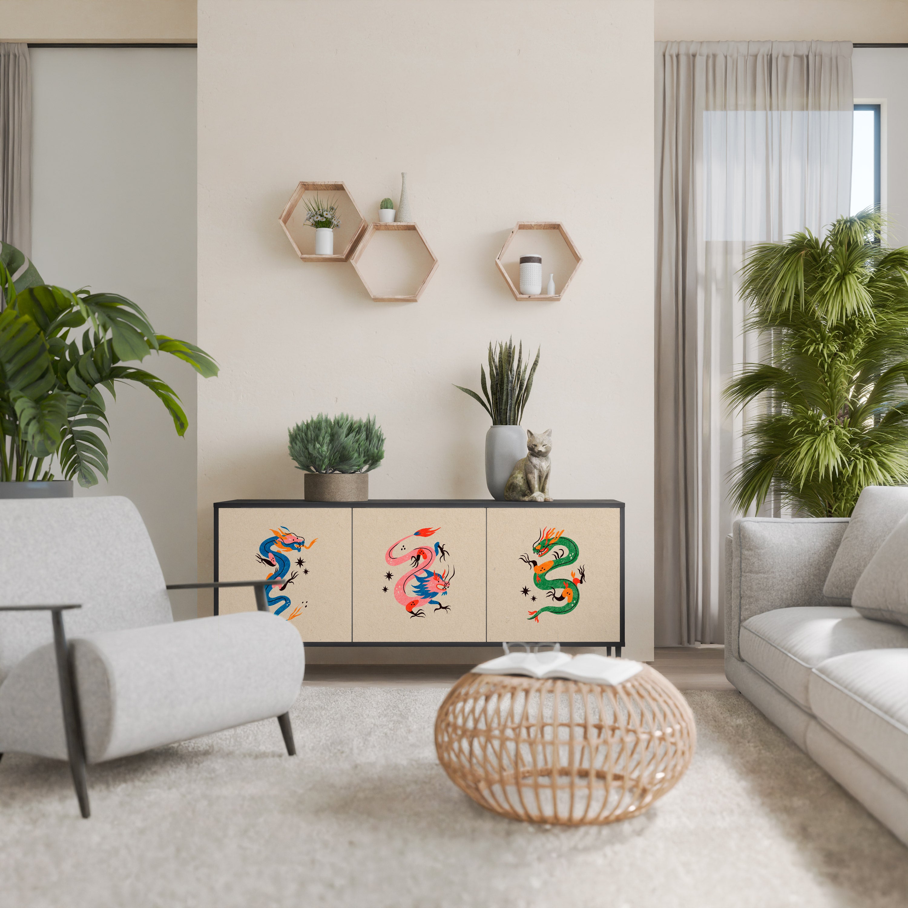 Aparador de 3 puertas CRIATURAS MITOLÓGICAS en acabado negro