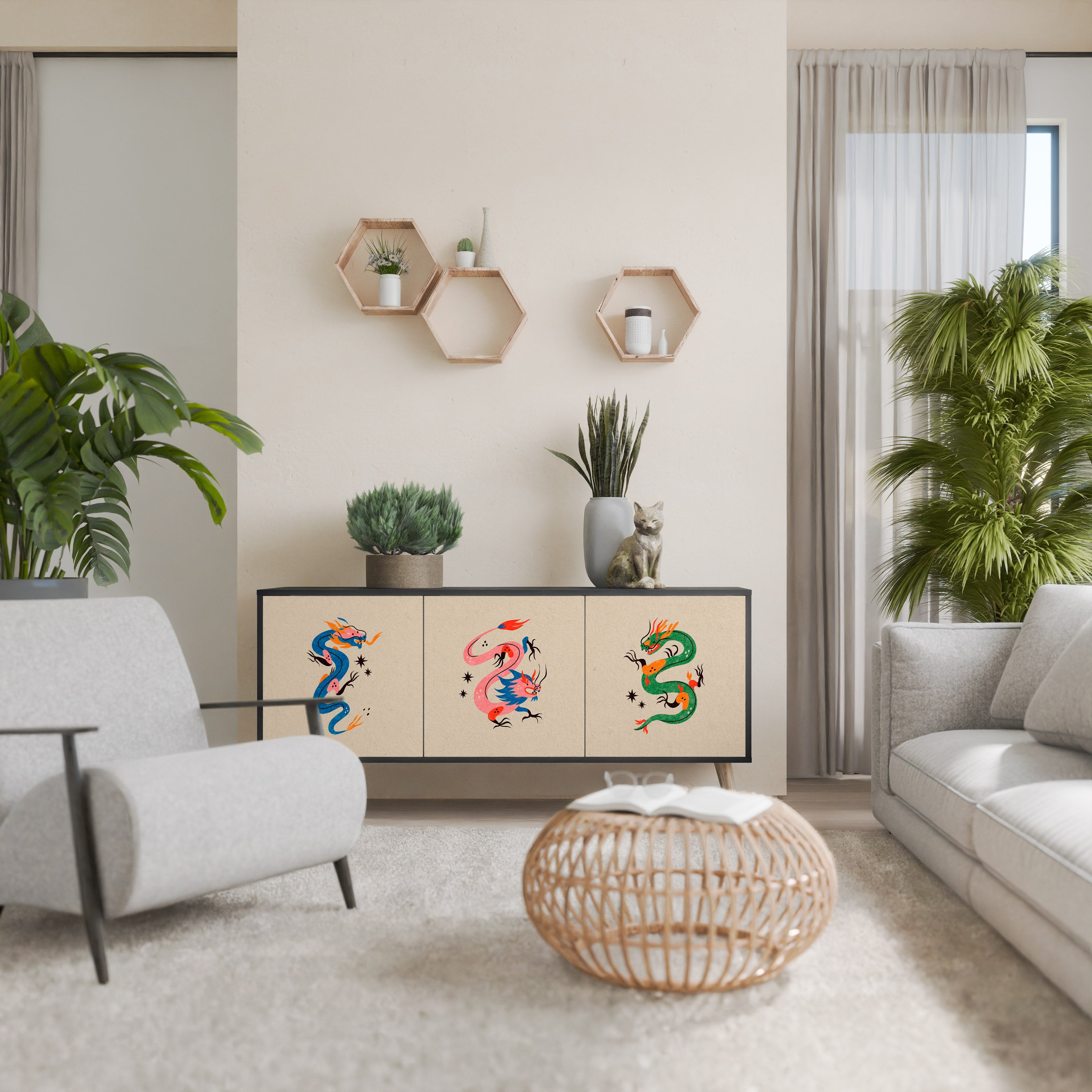 Aparador de 3 puertas CRIATURAS MITOLÓGICAS en acabado negro