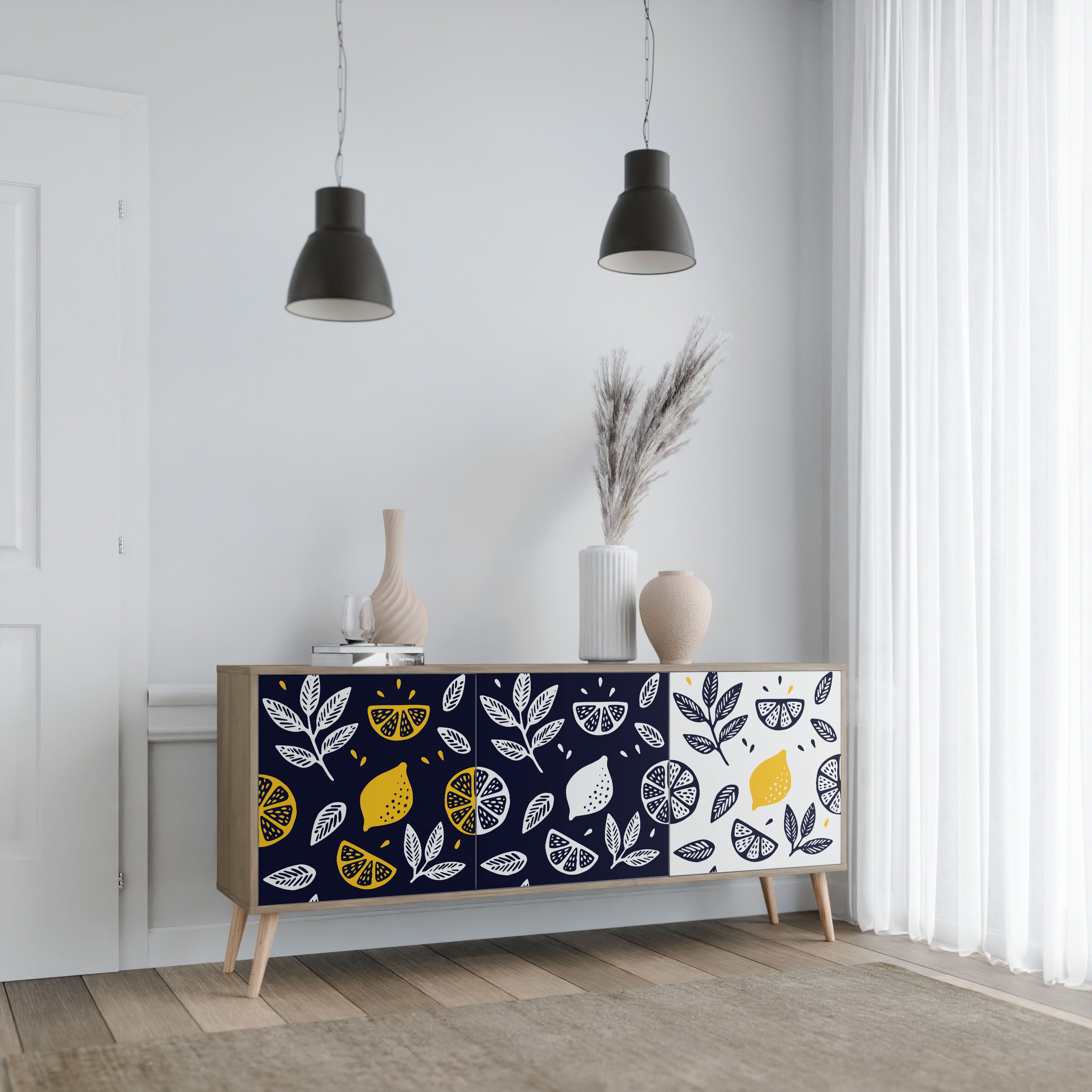CITRUS BLACK AND WHITE 3-Door Sideboard in Oak Effect