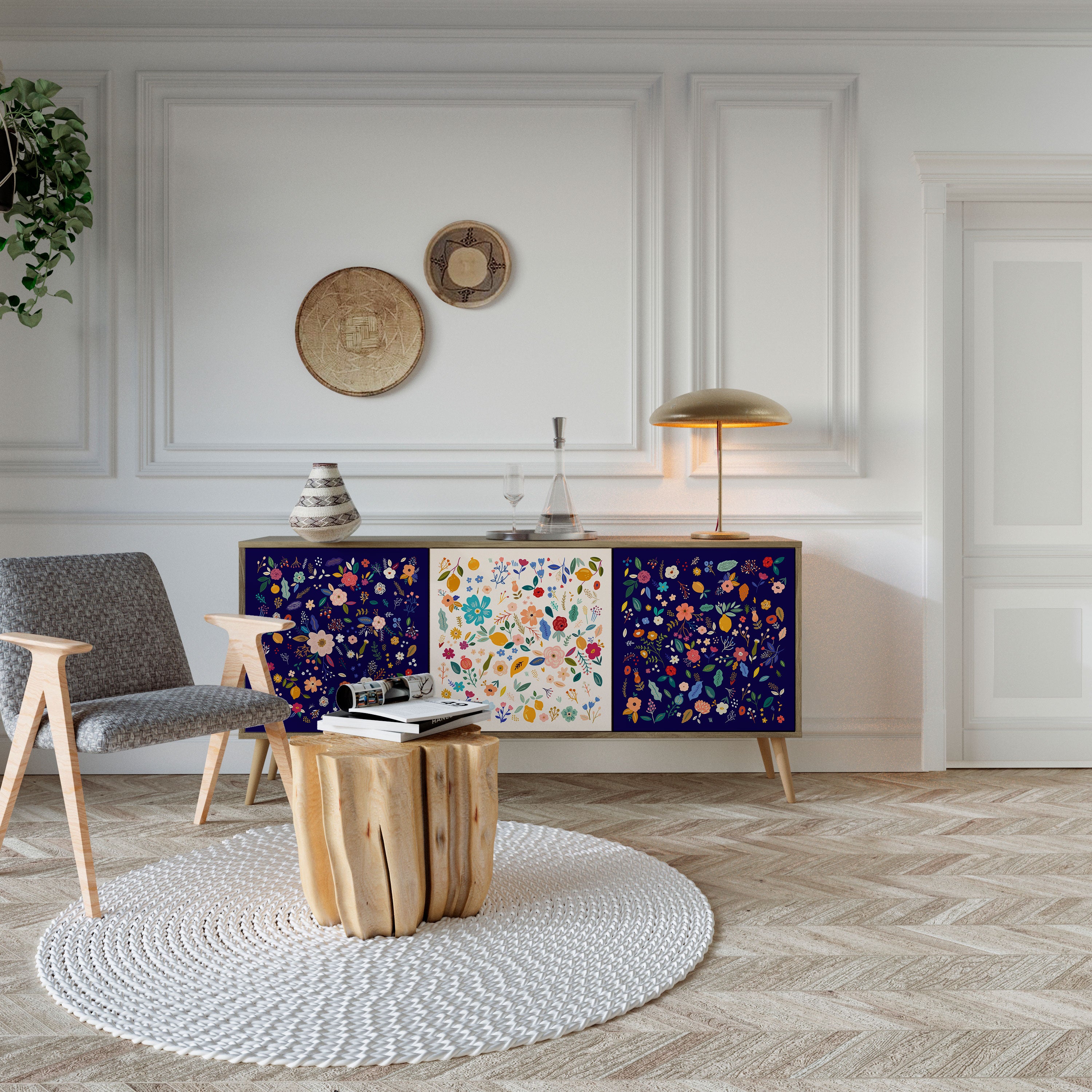 FLORAL COMBINATION 3-Door Sideboard in Oak Effect