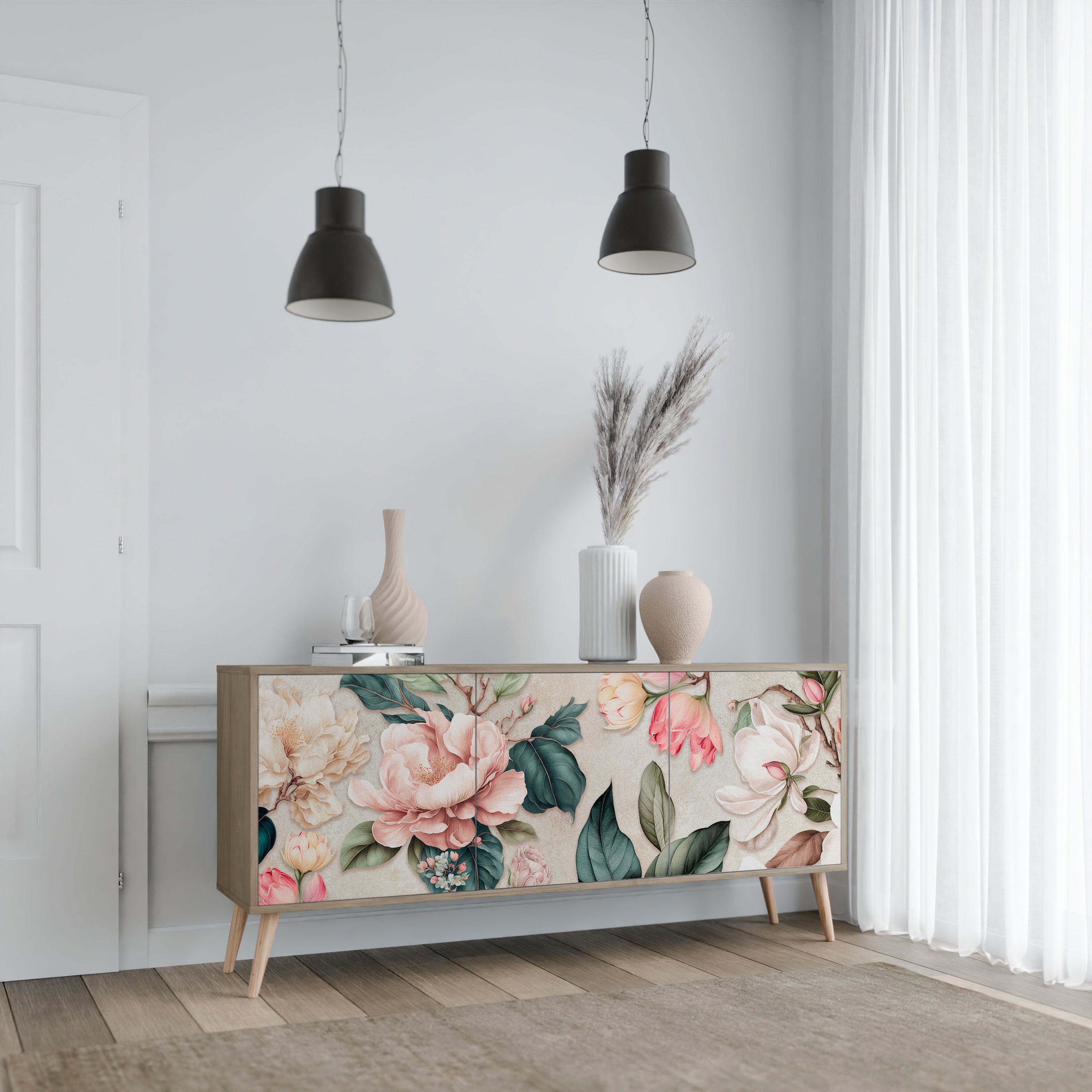 FLORAL GRACE 3-Door Sideboard in Oak Effect