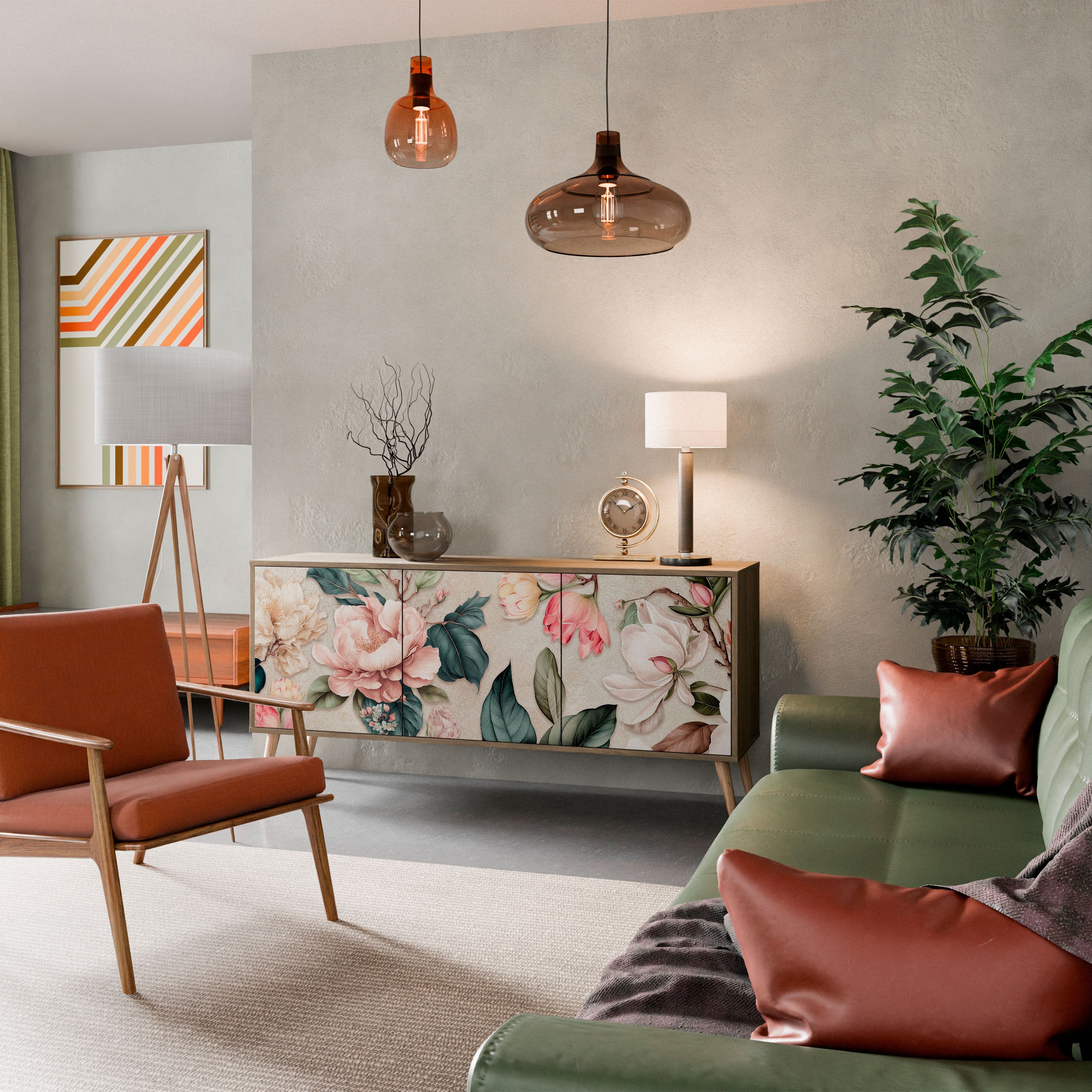 FLORAL GRACE 3-Door Sideboard in Oak Effect