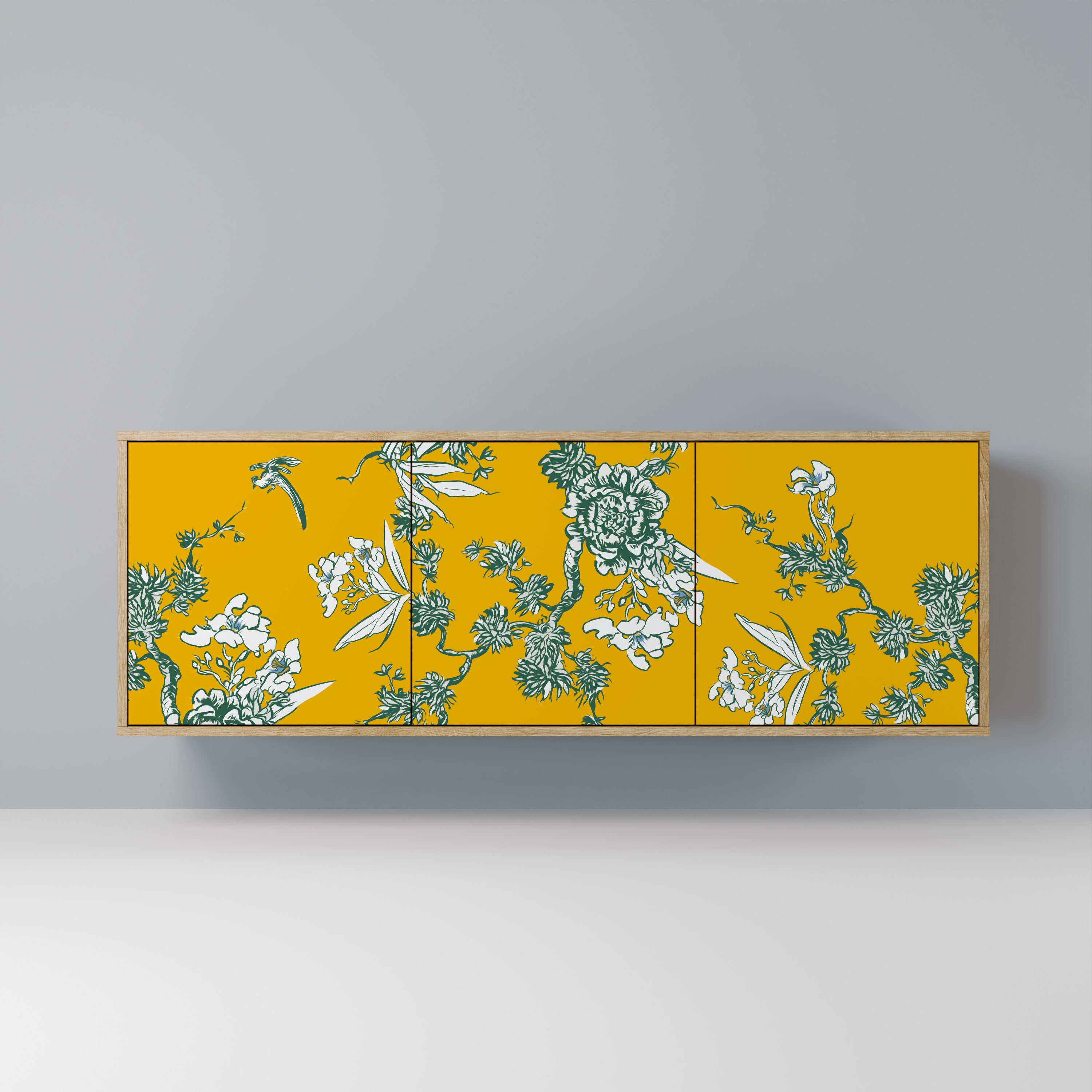 YELLOW CHINOISERIE 3-Door Sideboard in Oak Effect