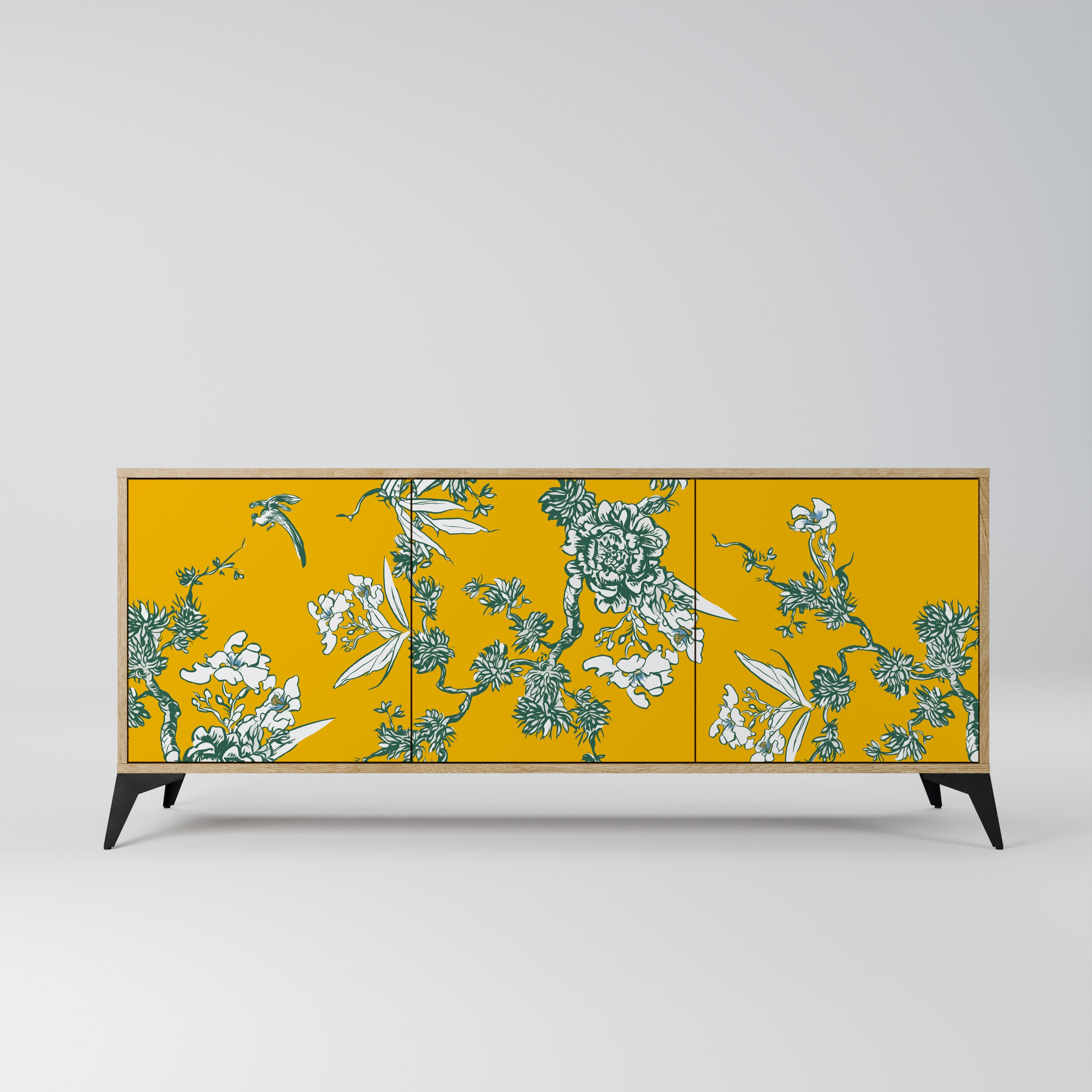 YELLOW CHINOISERIE 3-Door Sideboard in Oak Effect