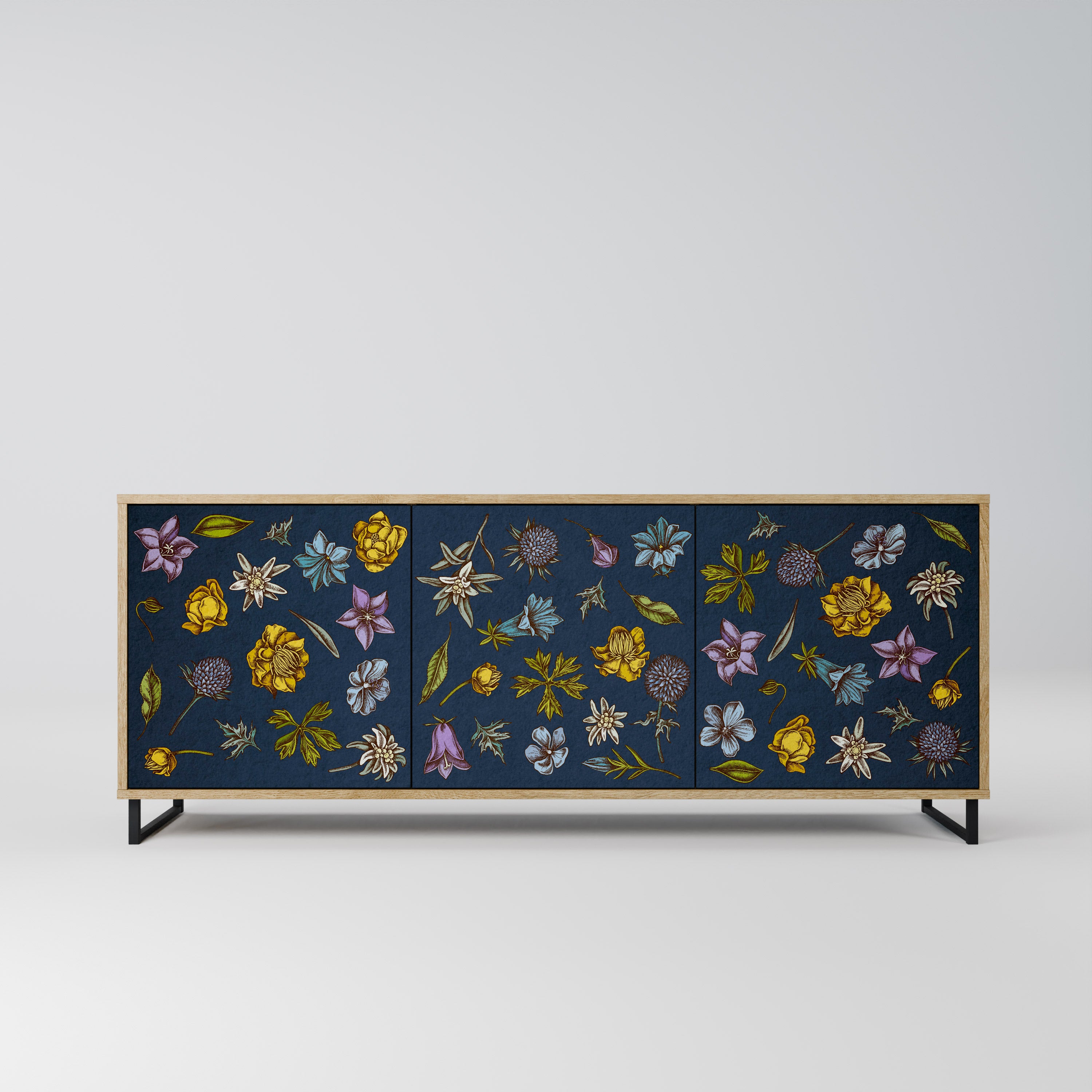 FLOWERS ON NAVY BLUE 3-Door Sideboard in Oak Effect