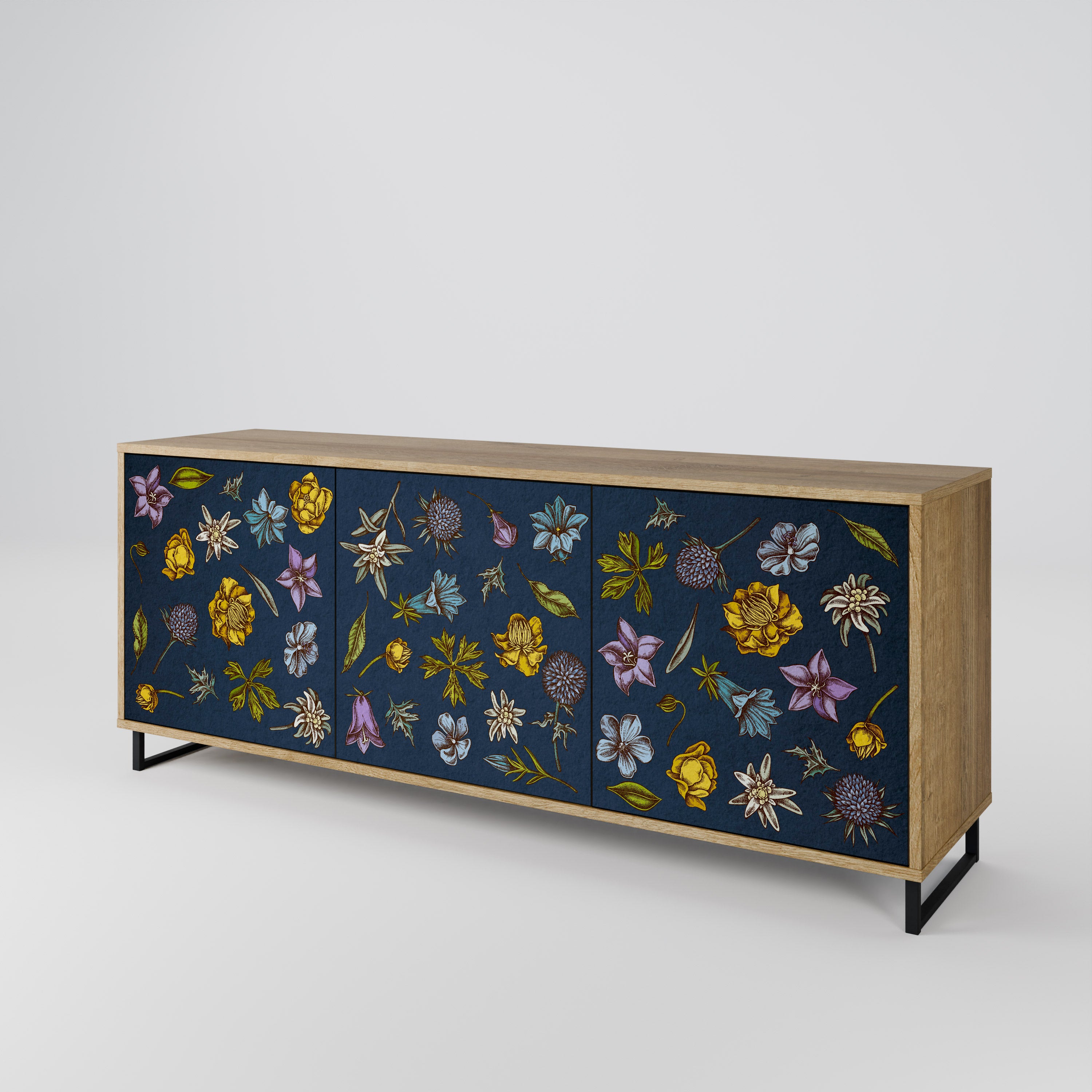 FLOWERS ON NAVY BLUE 3-Door Sideboard in Oak Effect
