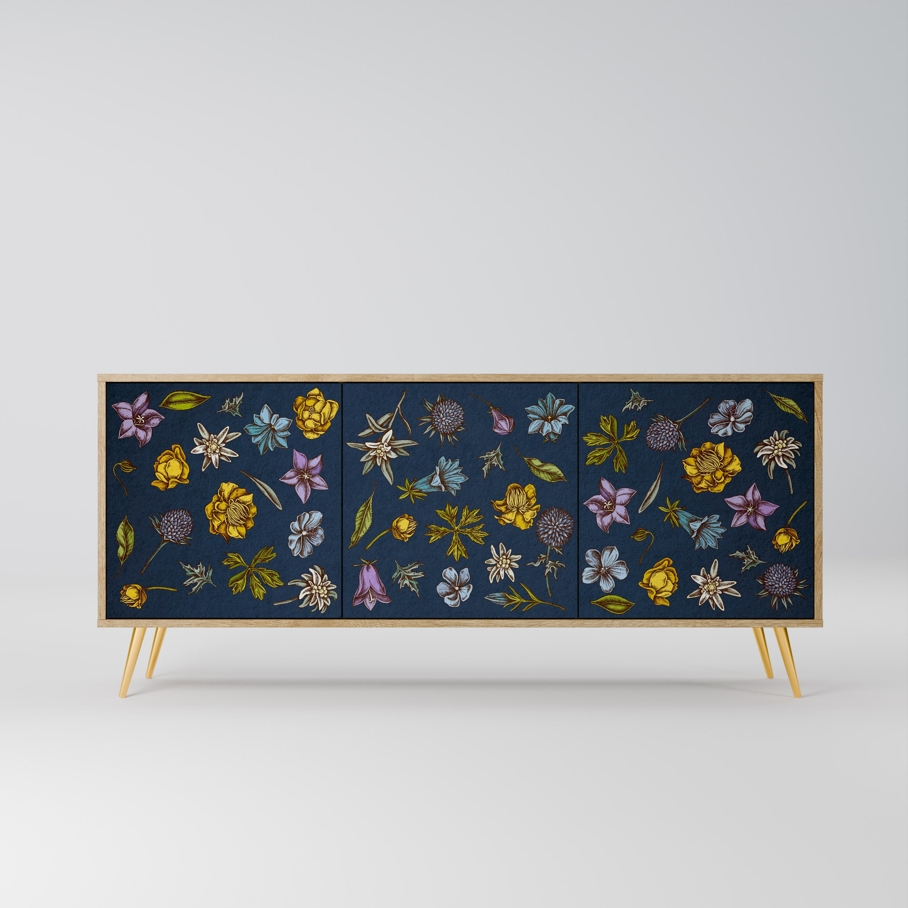 FLOWERS ON NAVY BLUE 3-Door Sideboard in Oak Effect