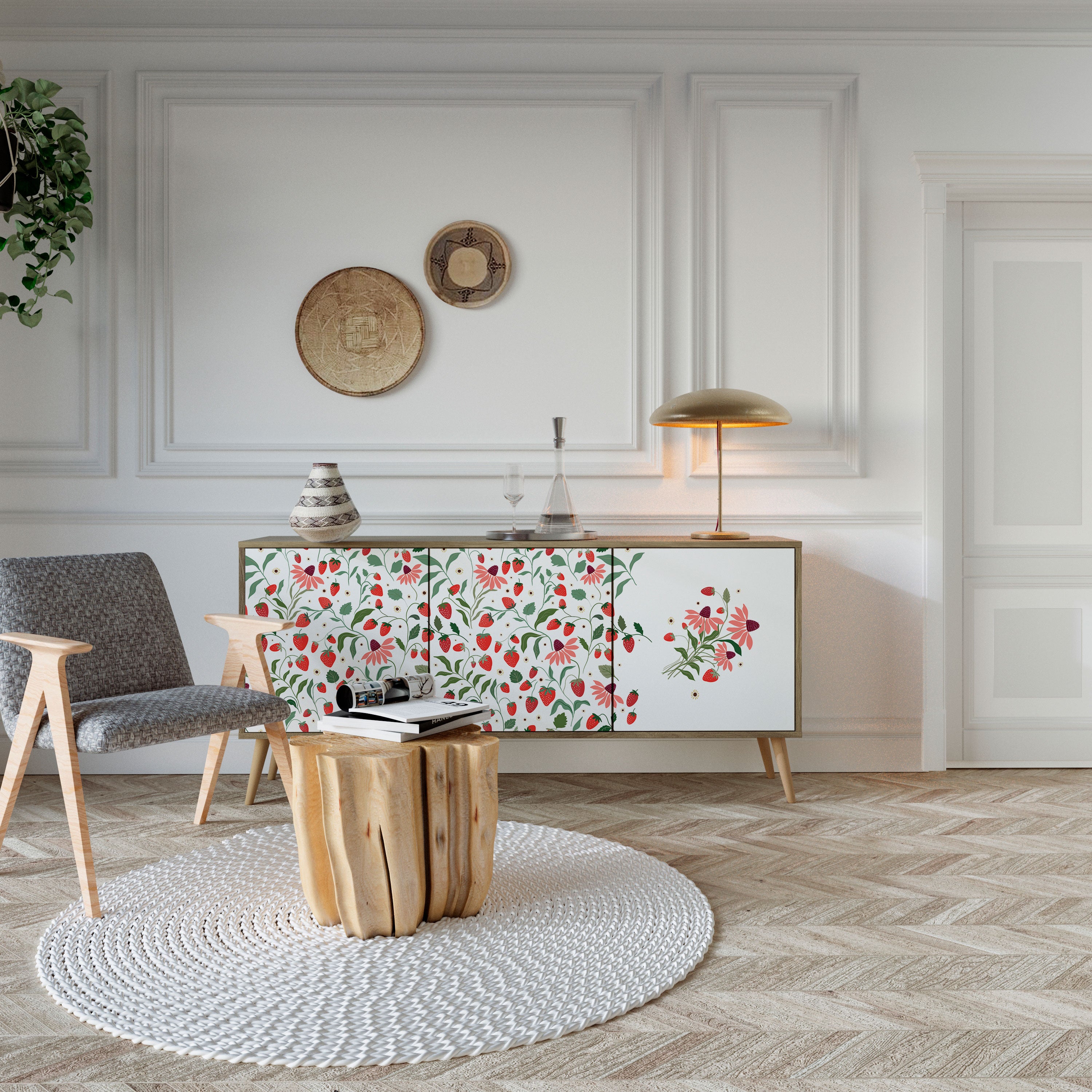 FLOWERS AND STRAWBERRIES 3-Door Sideboard in Oak Effect