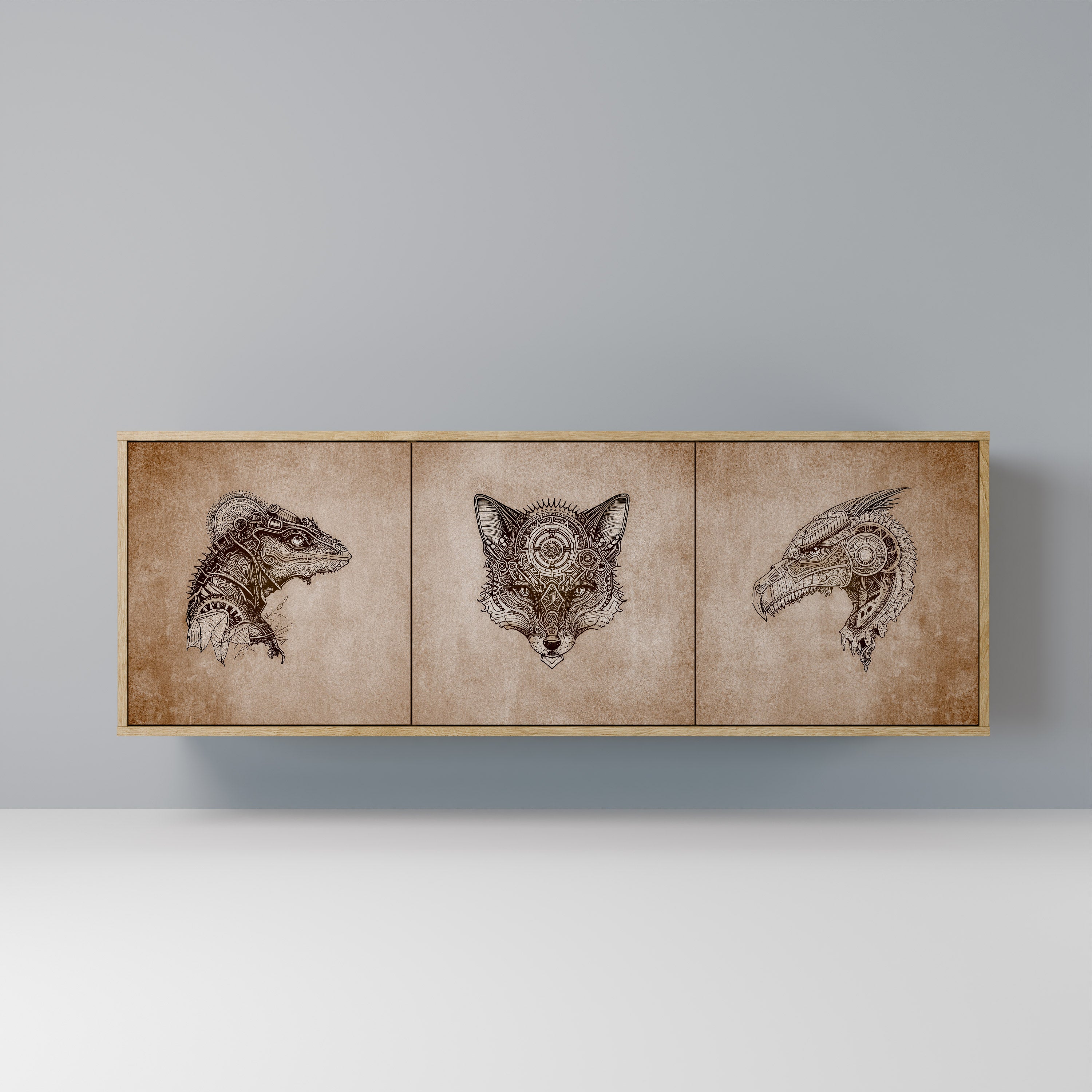 STEAMPUNK CLAN 3-Door Sideboard in Oak Effect