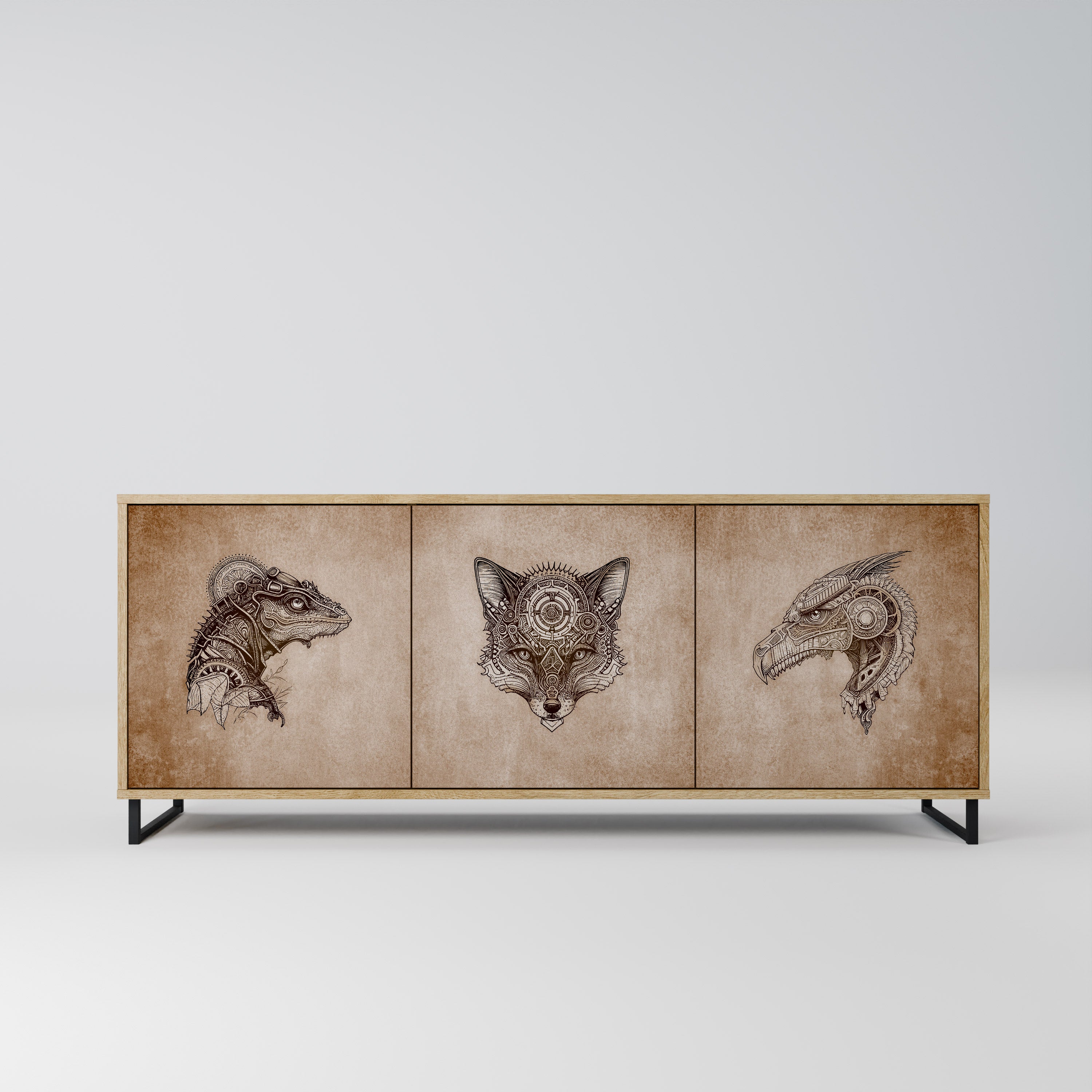 STEAMPUNK CLAN 3-Door Sideboard in Oak Effect