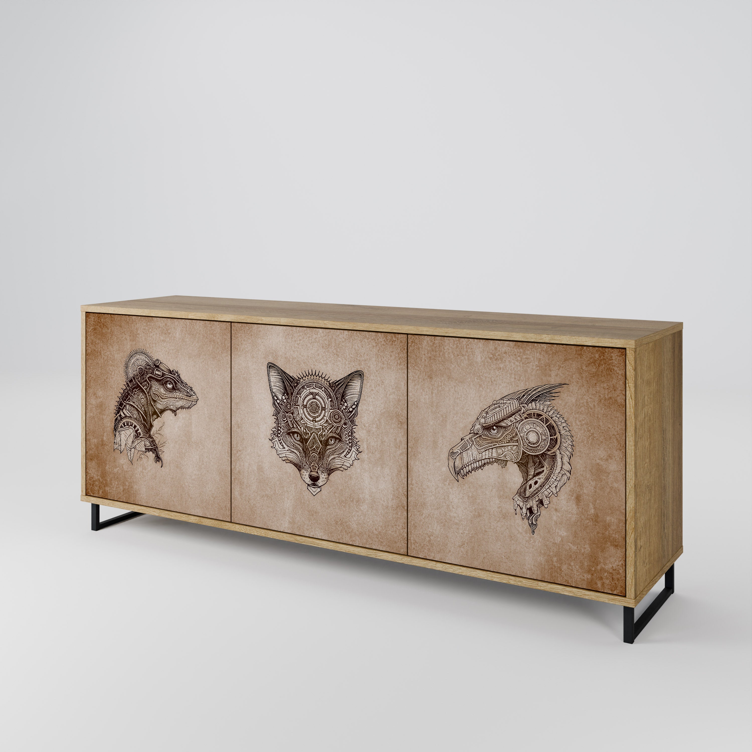 STEAMPUNK CLAN 3-Door Sideboard in Oak Effect