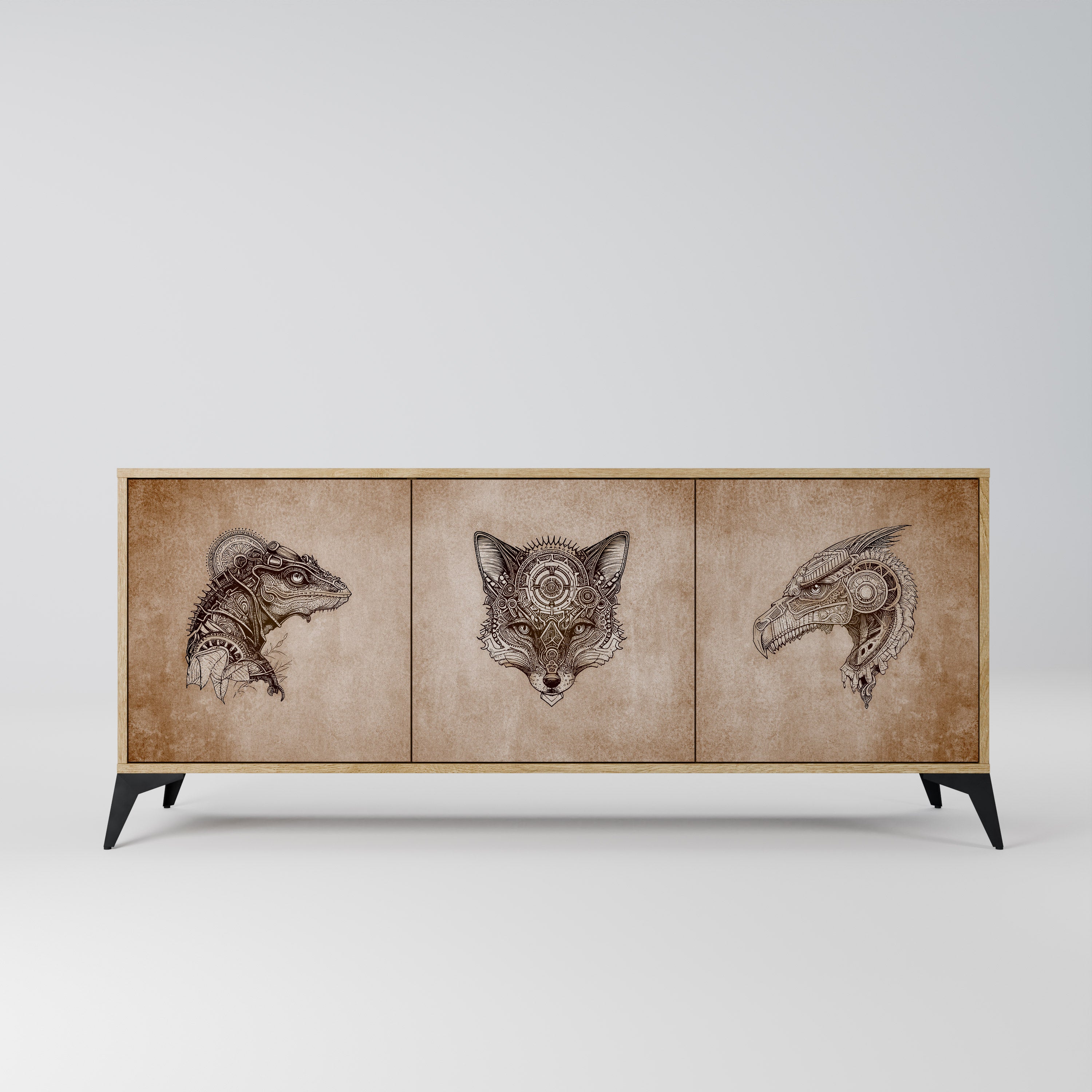 STEAMPUNK CLAN 3-Door Sideboard in Oak Effect