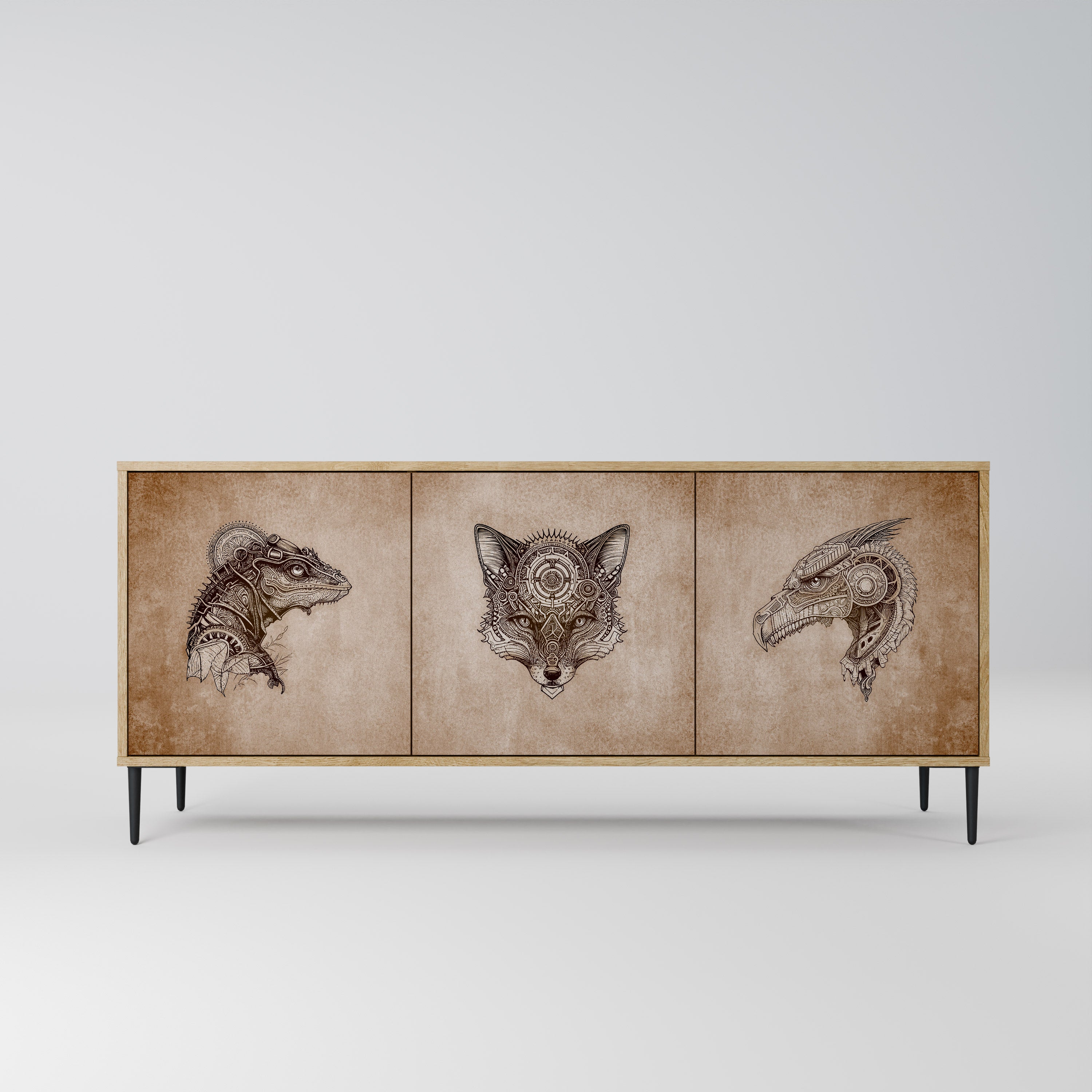 STEAMPUNK CLAN 3-Door Sideboard in Oak Effect