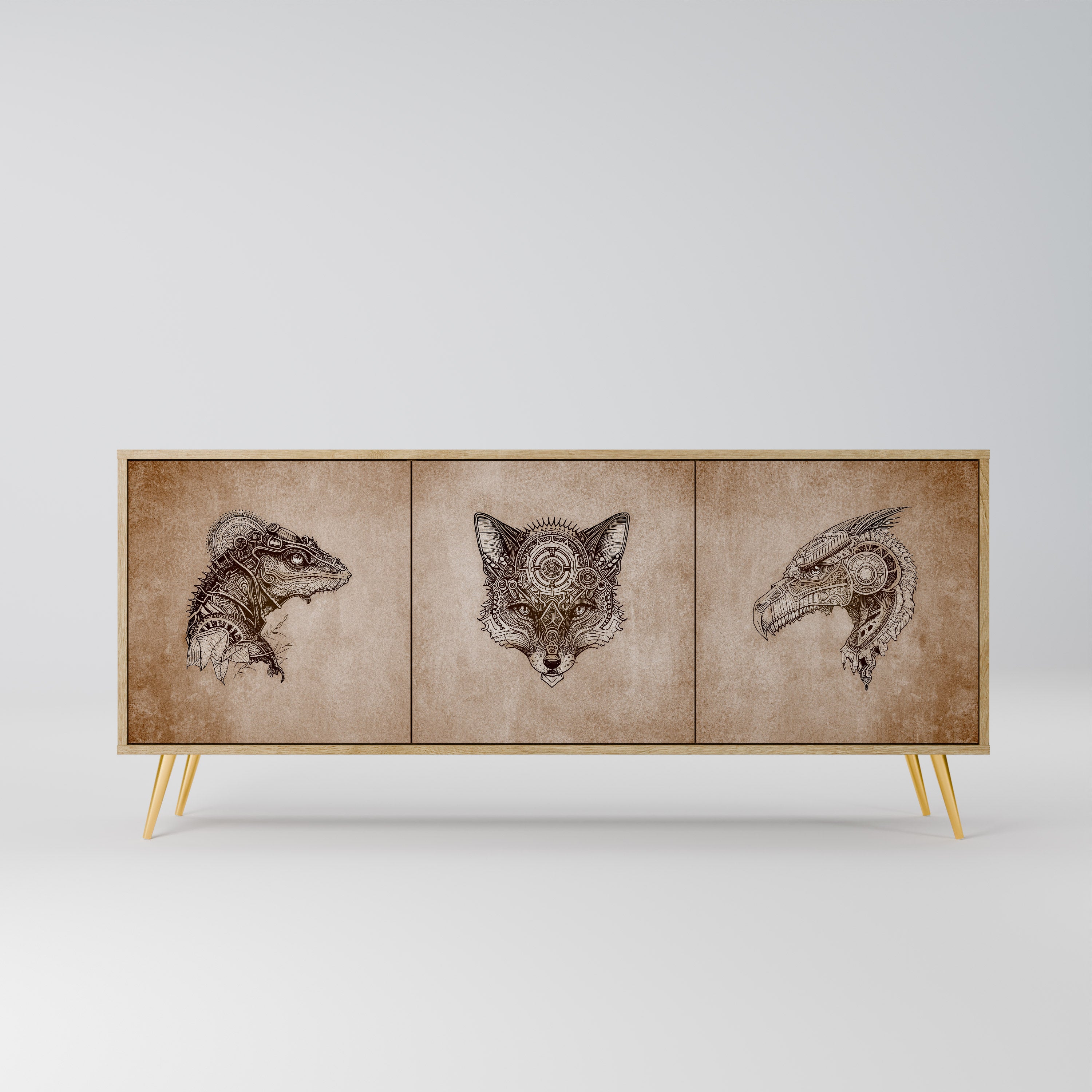 STEAMPUNK CLAN 3-Door Sideboard in Oak Effect
