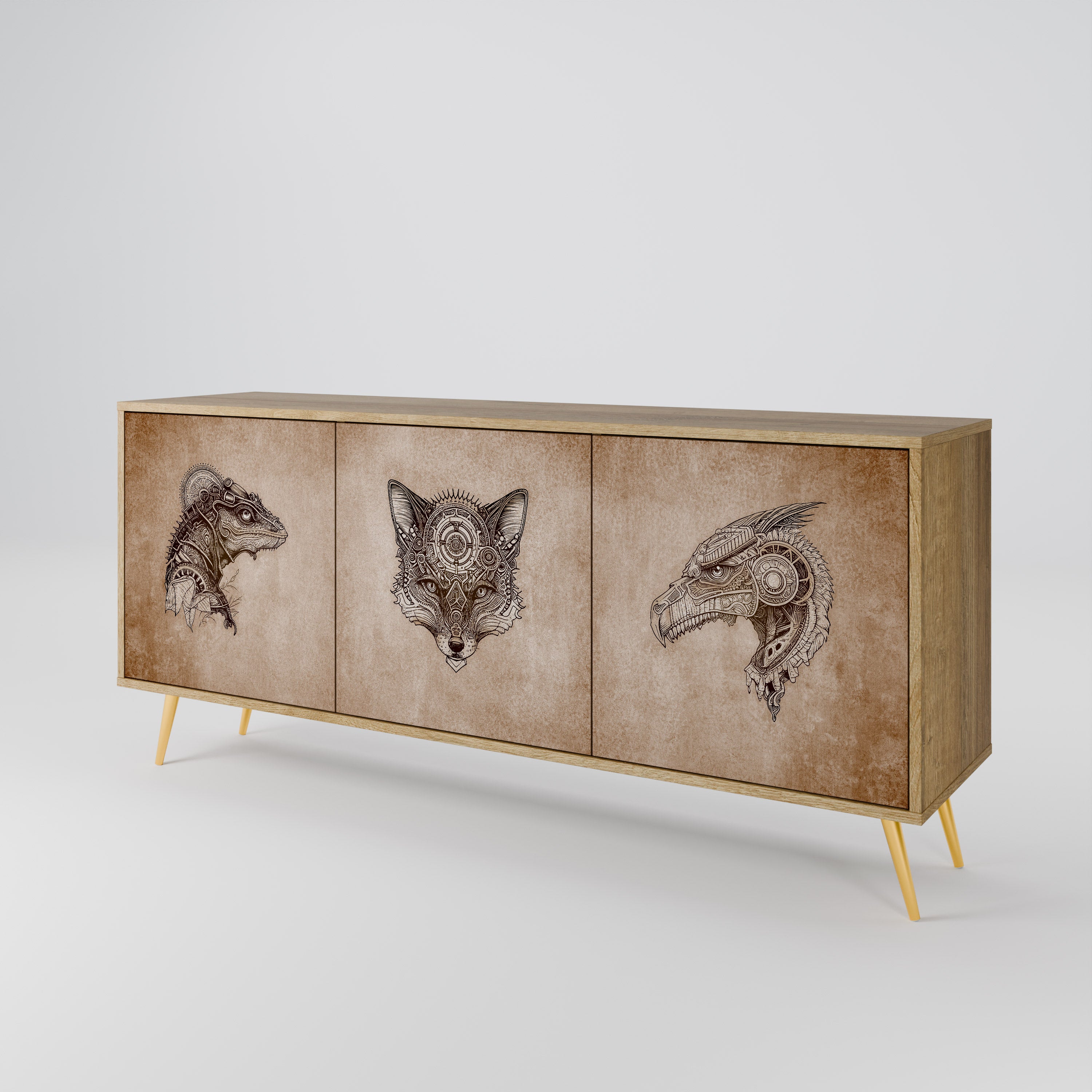 STEAMPUNK CLAN 3-Door Sideboard in Oak Effect
