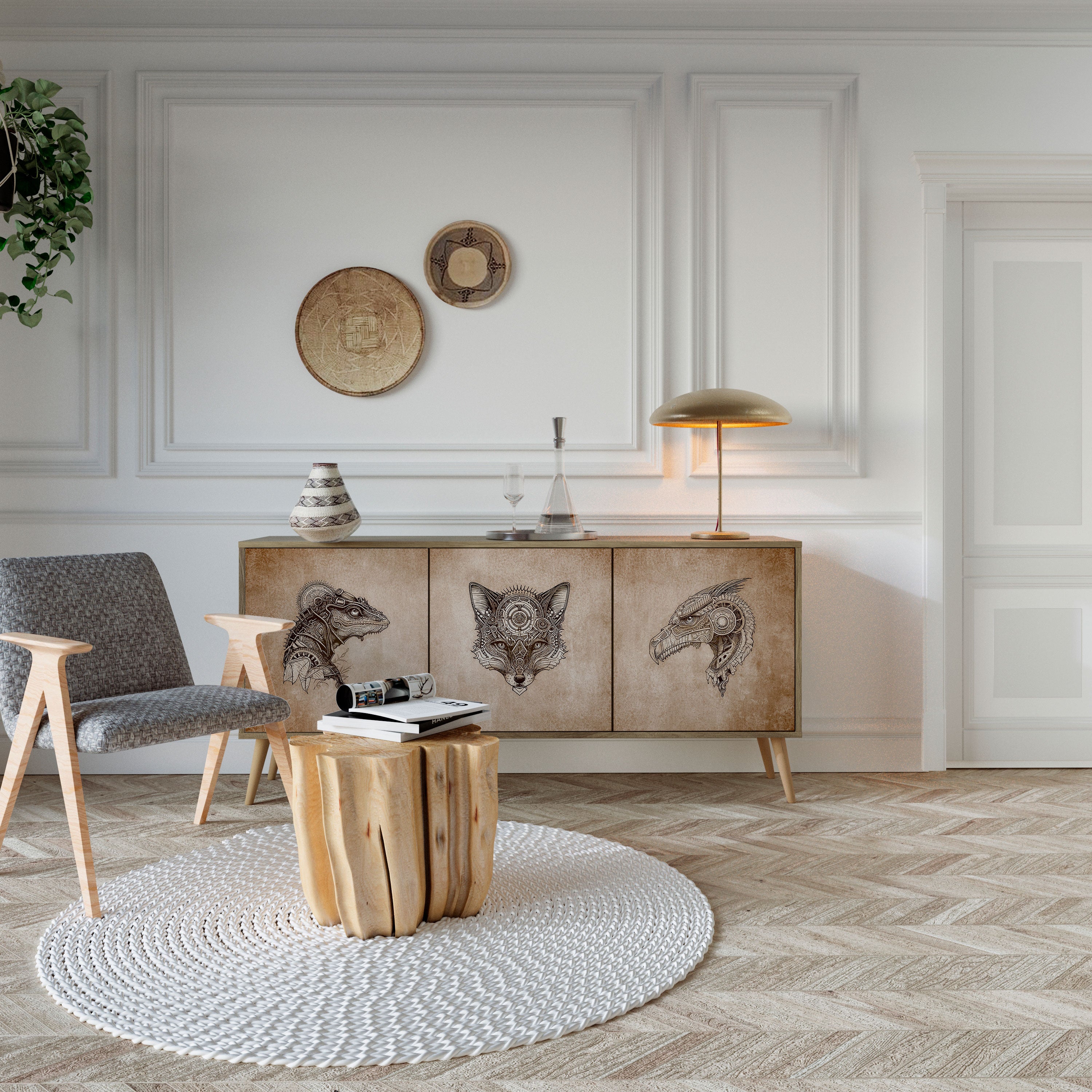 STEAMPUNK CLAN 3-Door Sideboard in Oak Effect