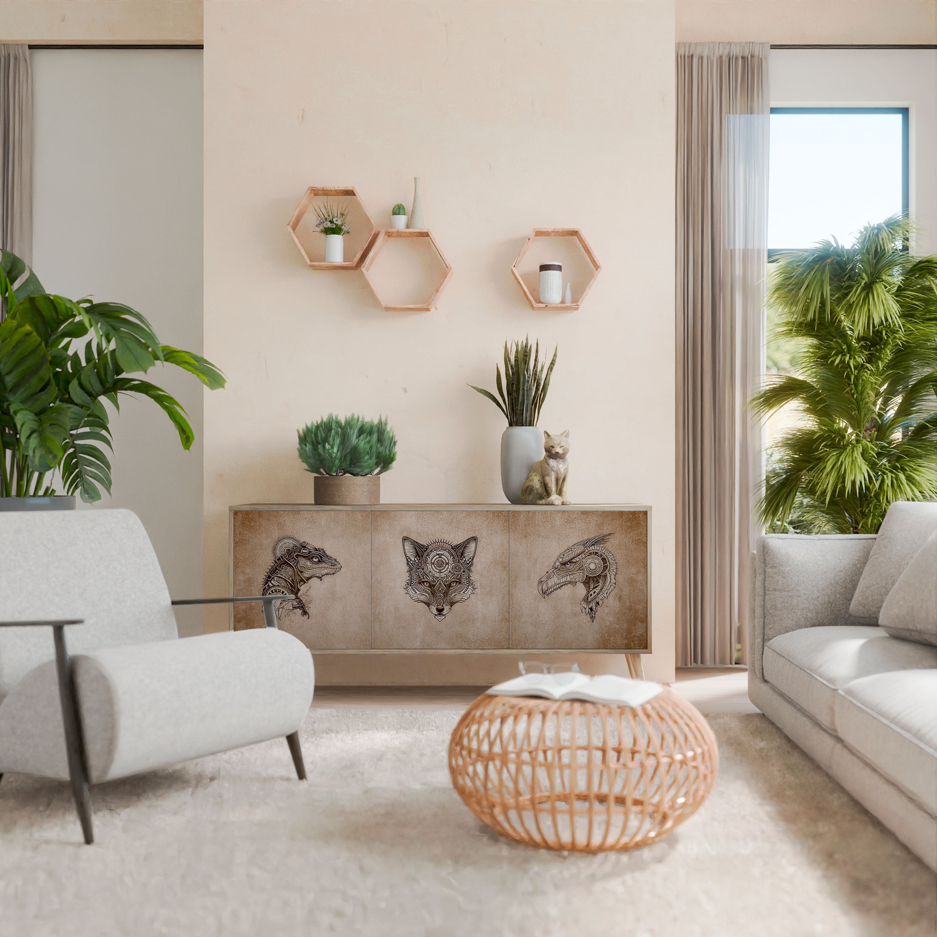 STEAMPUNK CLAN 3-Door Sideboard in Oak Effect