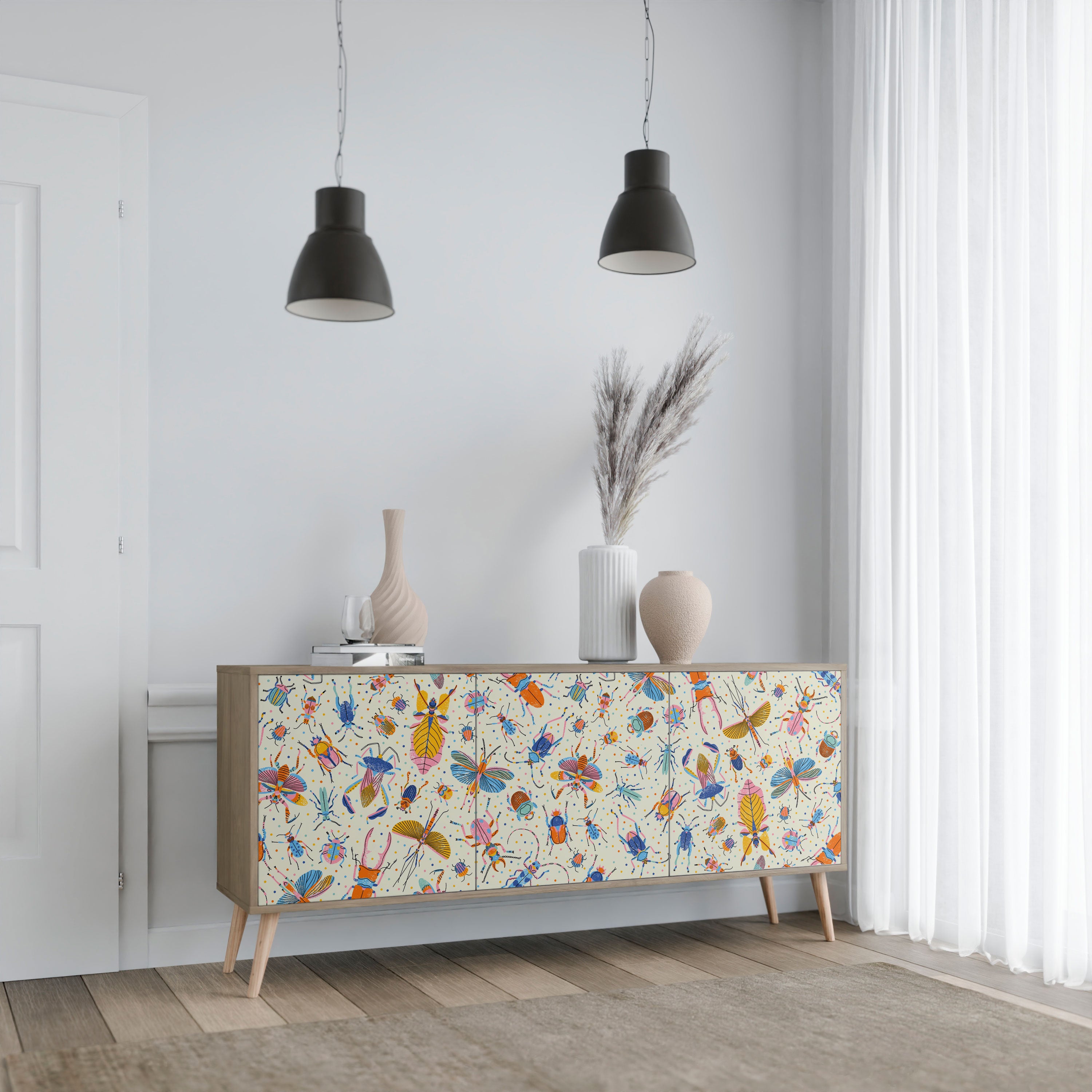 COLORFUL INSECTS 3-Door Sideboard in Oak Effect