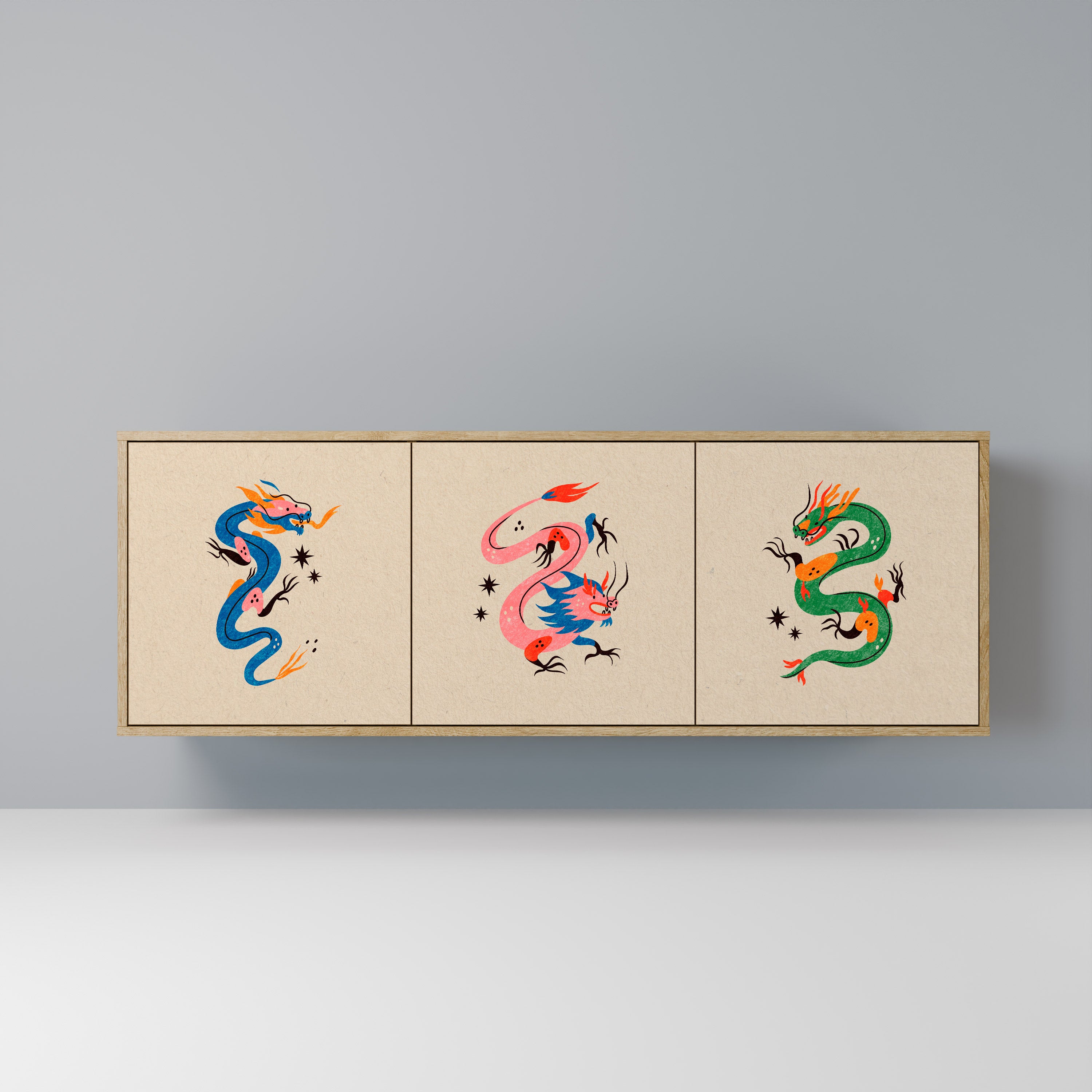 MYTHOLOGICAL CREATURES 3-Door Sideboard in Oak Effect