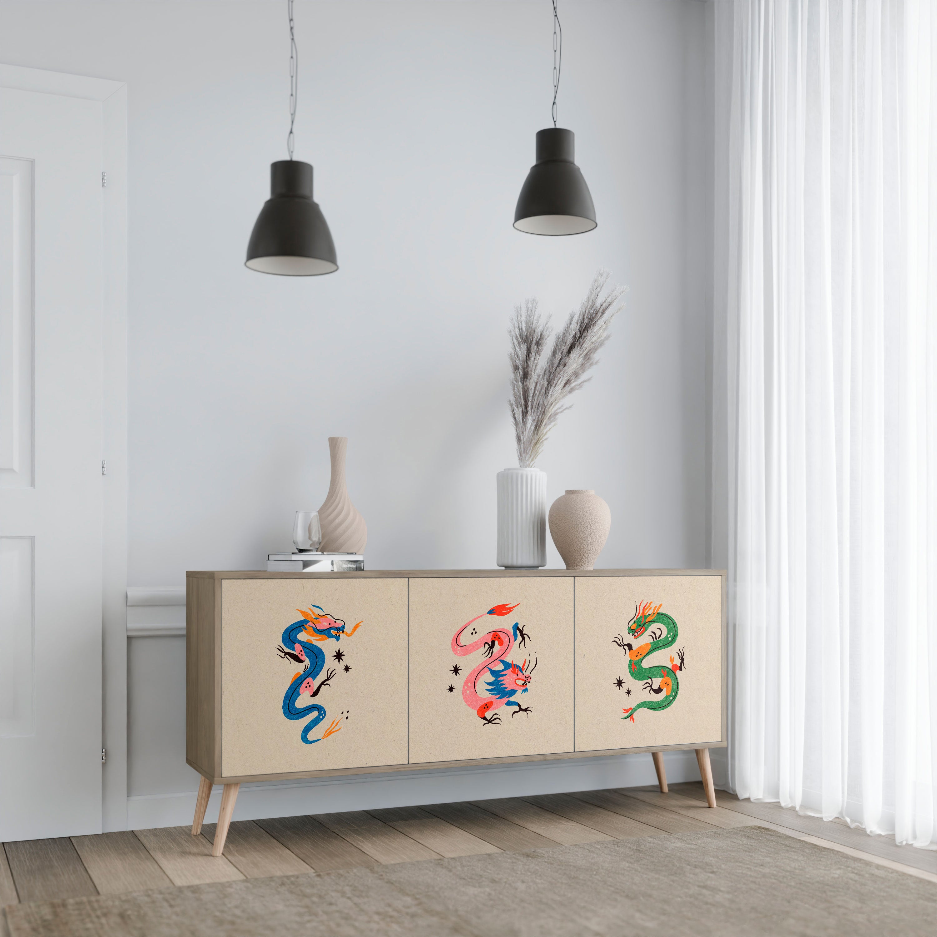 MYTHOLOGICAL CREATURES 3-Door Sideboard in Oak Effect