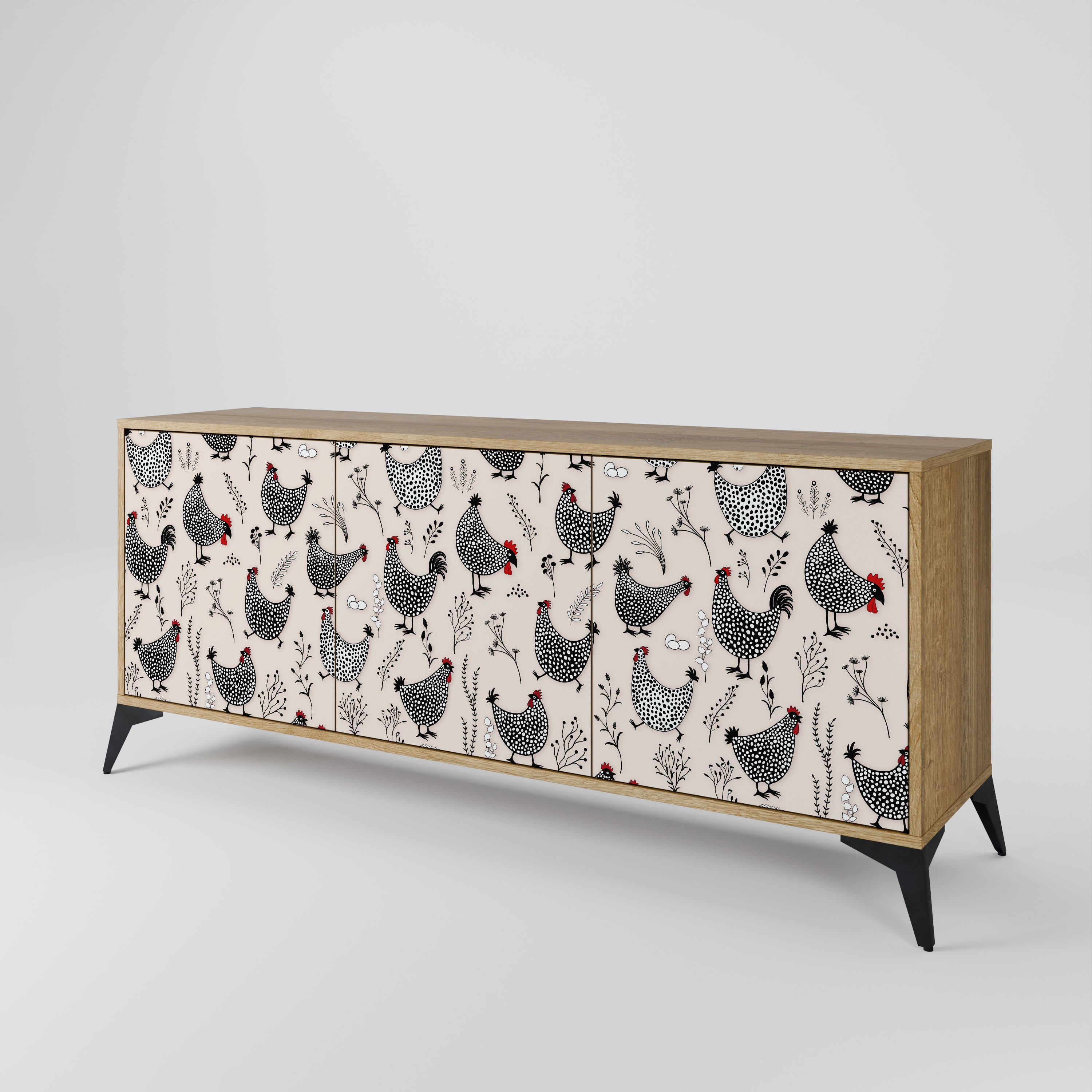 HAPPY HENS 3-Door Sideboard in Oak Effect