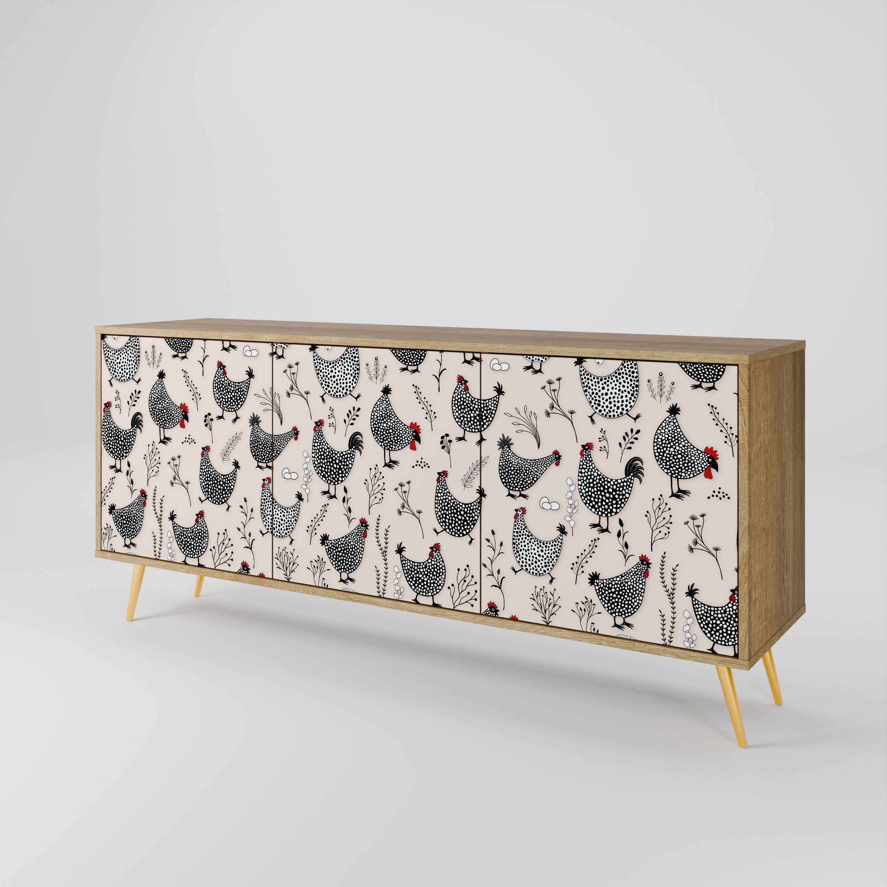 HAPPY HENS 3-Door Sideboard in Oak Effect